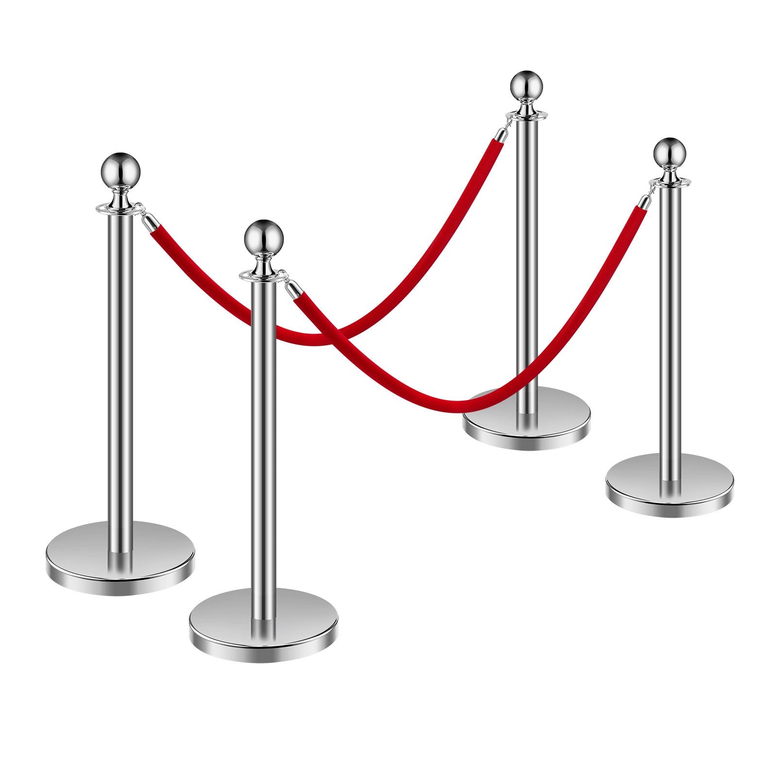 VEVOR 4 Pcs Silver Stanchion Post 2 Red Velvet Ropes Sand Injection Hollow Base