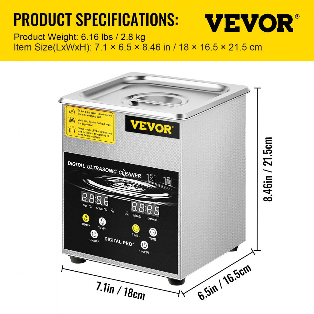 VEVOR Ultrasonic Cleaner 2L Stainless Steel 260W Industry Heated w/Timer Heater