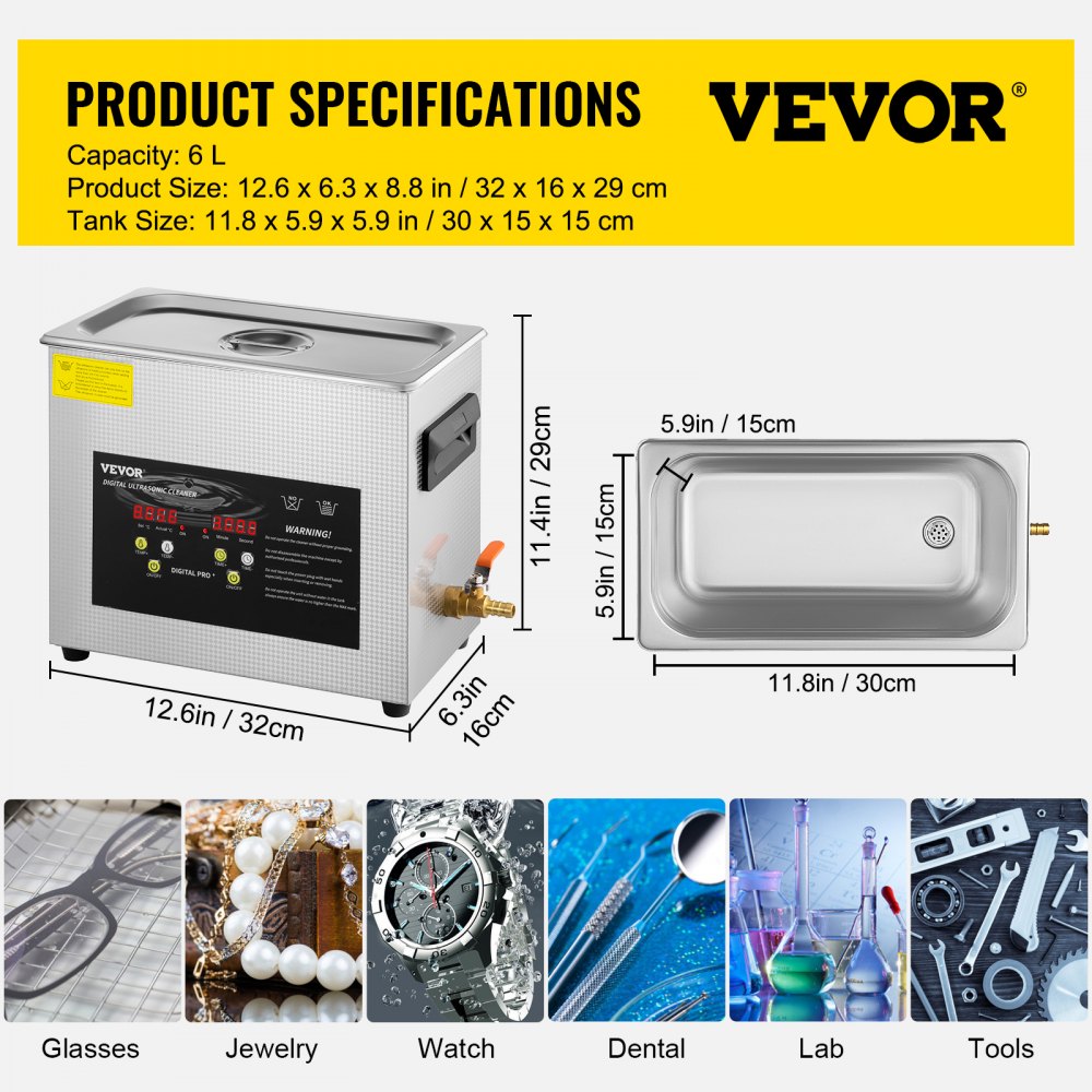 VEVOR 6L Upgraded Ultrasonic Cleaner Professional Digital Lab Ultrasonic Parts Cleaner with Heater Timer for Jewelry Glasses Cleaning (400W Heater,180W Ultrasonic)
