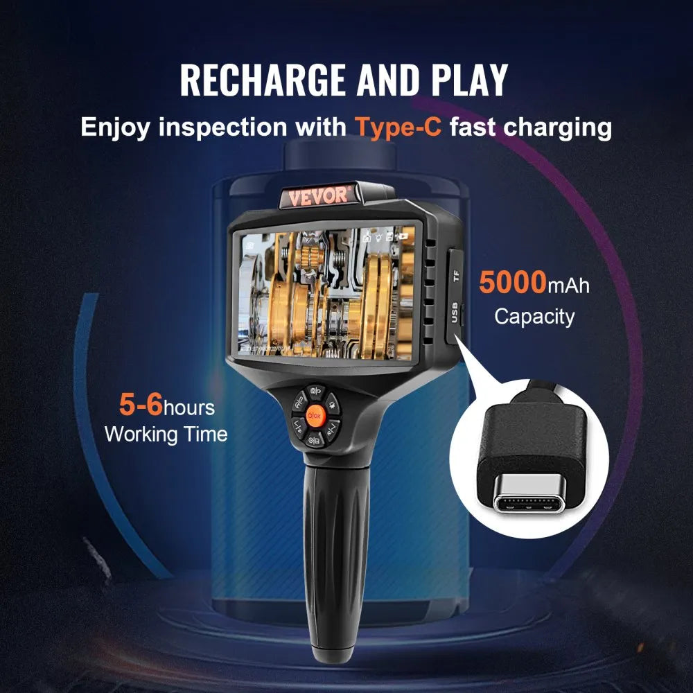 VEVOR Triple Lens Industrial Endoscope, 5" IPS Screen Borescope Inspection Camera with Lights, Split Screen, 8x Zoom, IP67 Waterproof Drain Snake Camera for Auto, Plumbing(16.5FT Cable, 32GB Card)