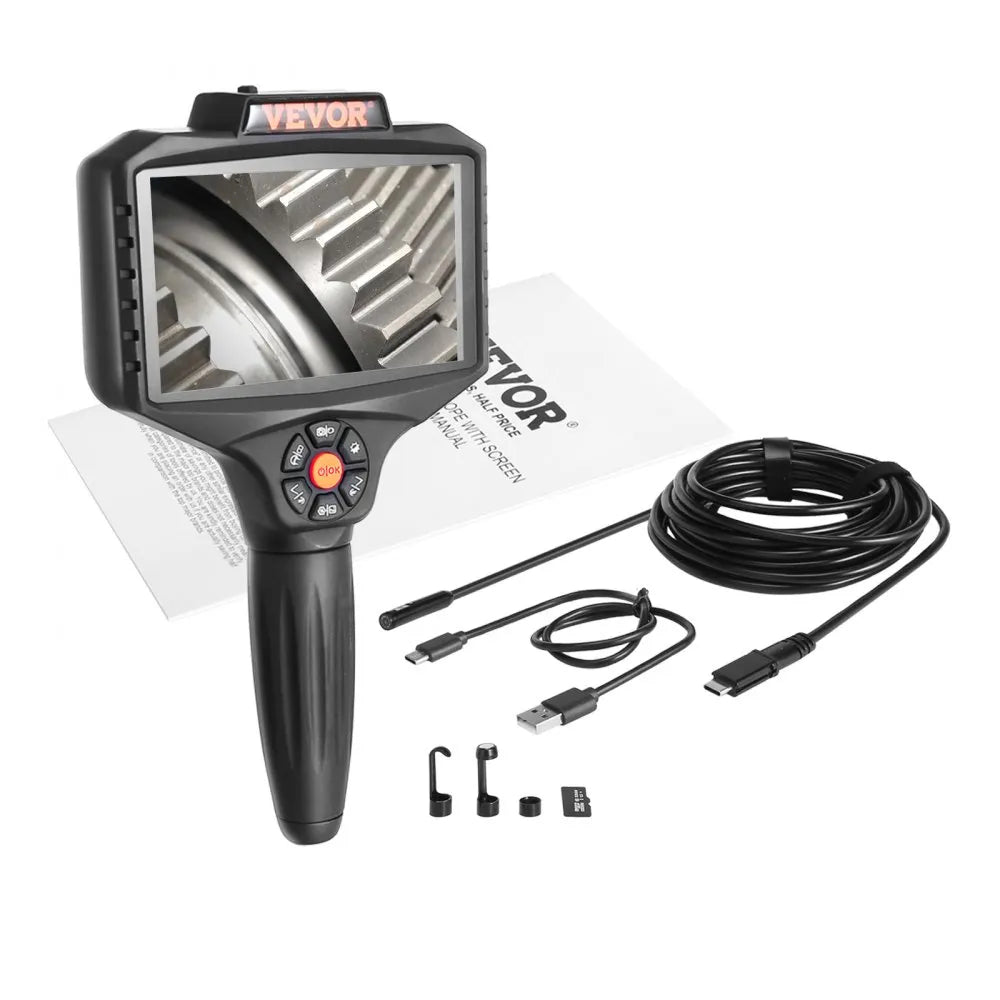 VEVOR Triple Lens Industrial Endoscope, 5" IPS Screen Borescope Inspection Camera with Lights, Split Screen, 8x Zoom, IP67 Waterproof Drain Snake Camera for Auto, Plumbing(16.5FT Cable, 32GB Card)