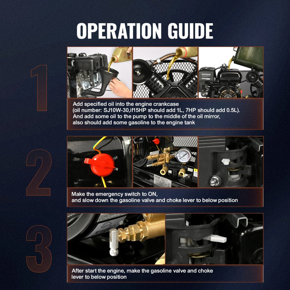 VEVOR 7HP Gas Powered Air Compressor, 13.2 Gallon Horizontal Air Compressor Tank, 9CFM@115PSI Gas Driven Piston Pump Air Compressed System with 115PSI Max Pressure for Construction Sites Workshop