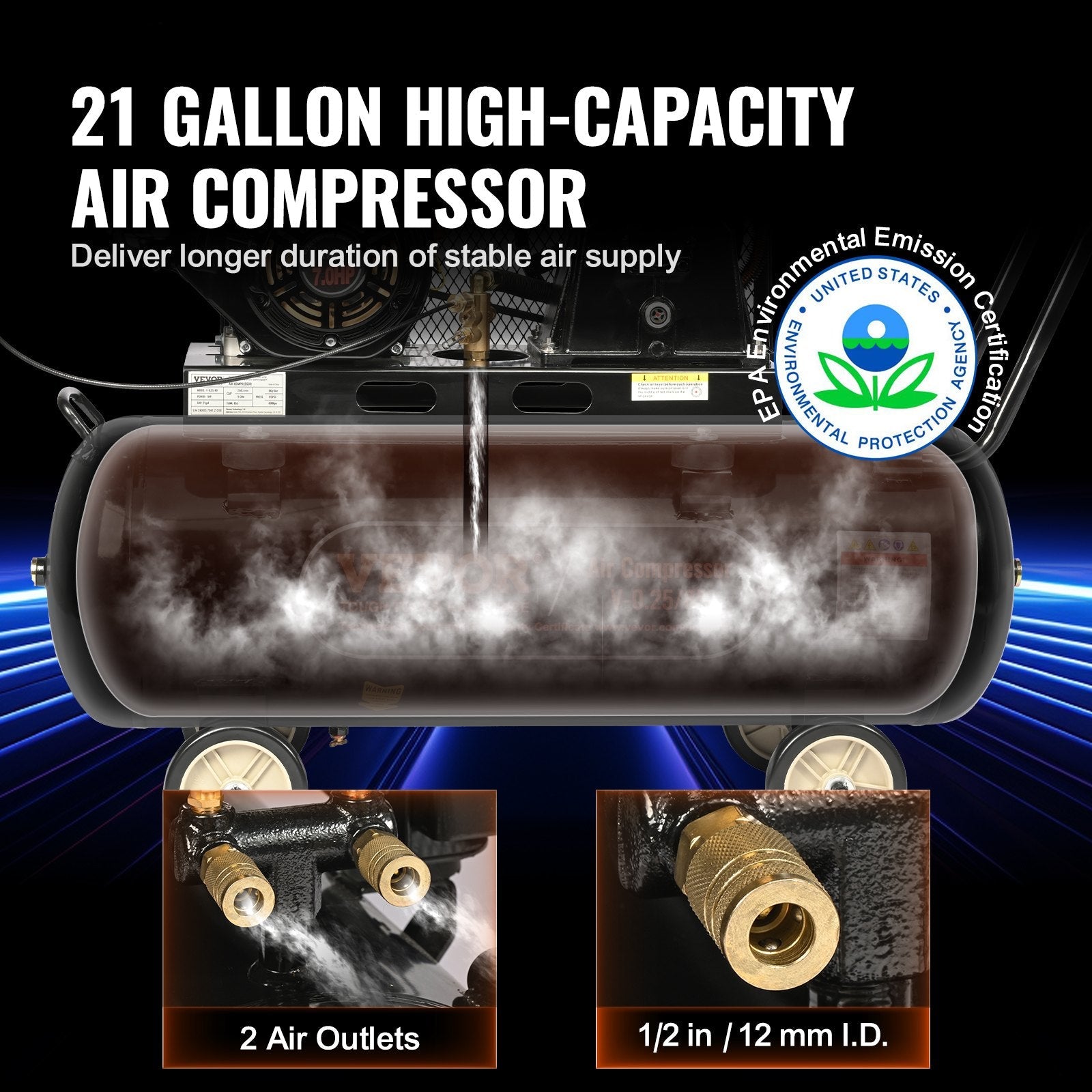 VEVOR 21 Gallon Gas Powered Air Compressor, 7HP 9CFM@115PSI Air Compressor Tank on Wheels, Gas Driven Piston Pump Air Compressed System with 115PSI Maximum Pressure for Workshop Construction Sites