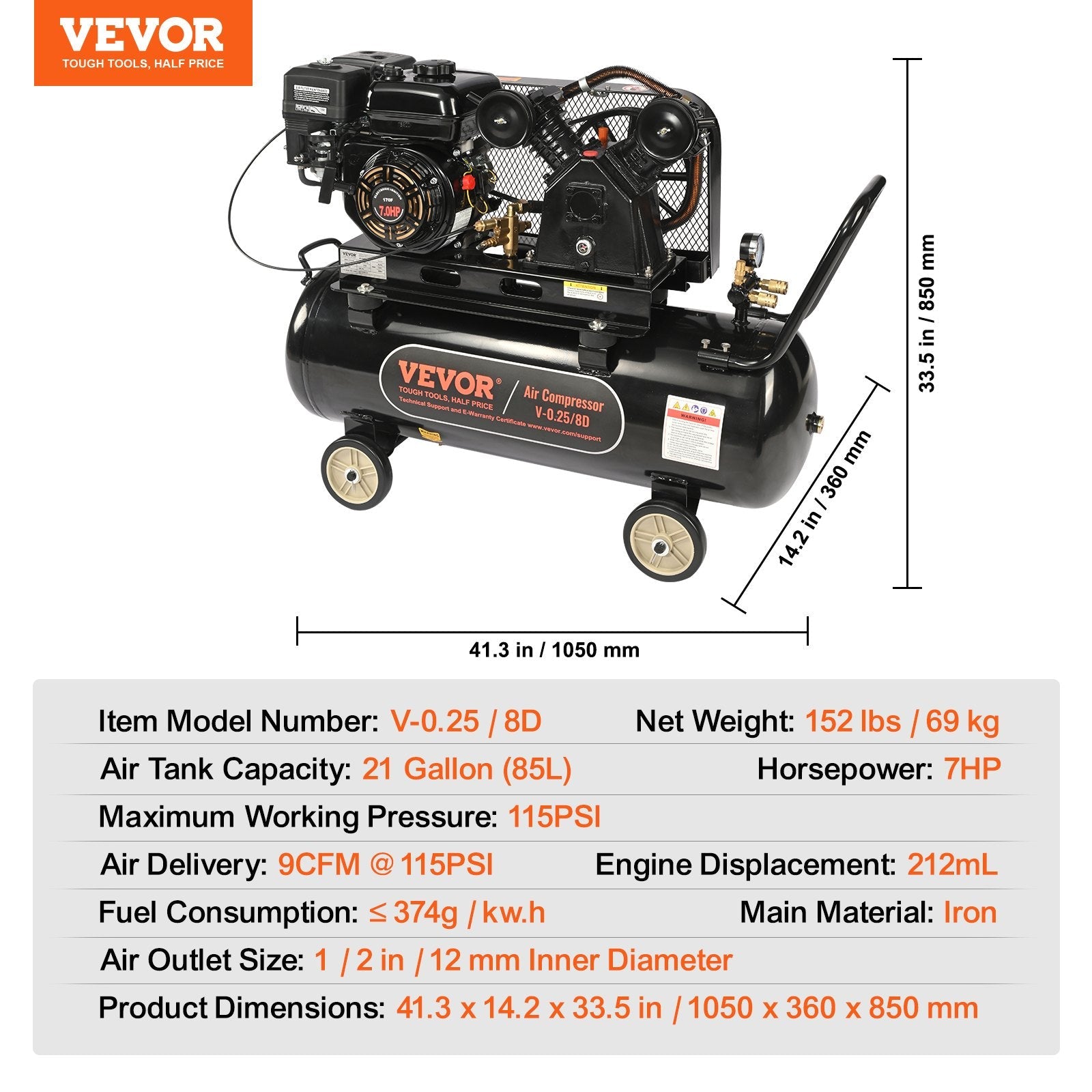 VEVOR 21 Gallon Gas Powered Air Compressor, 7HP 9CFM@115PSI Air Compressor Tank on Wheels, Gas Driven Piston Pump Air Compressed System with 115PSI Maximum Pressure for Workshop Construction Sites