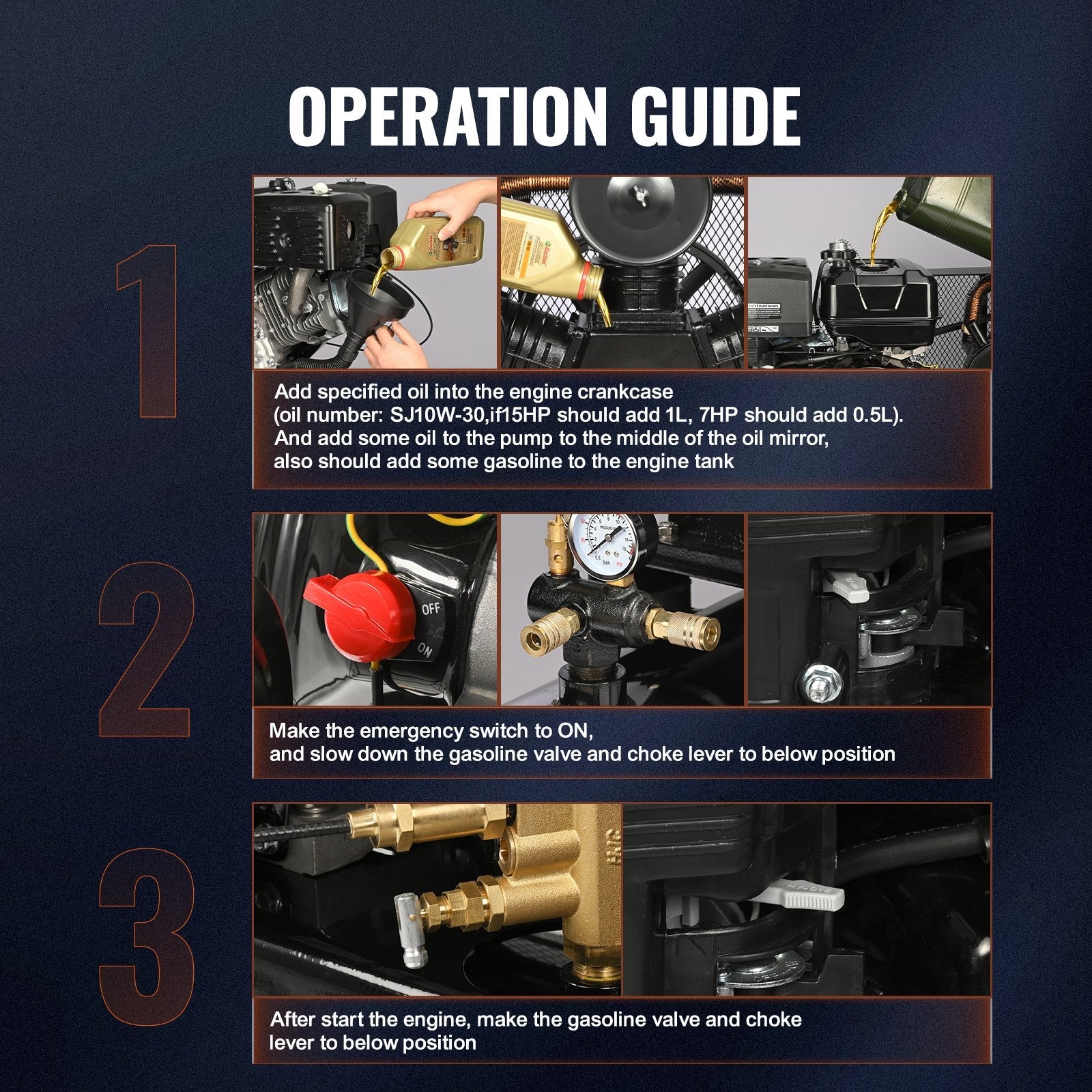 VEVOR 30 Gallon Gas Powered Air Compressor, 15HP 33CFM@115PSI Air Compressor Tank on Wheels, Gas Driven Piston Pump Air Compressed System with 115PSI Maximum Pressure for Workshop Construction Sites