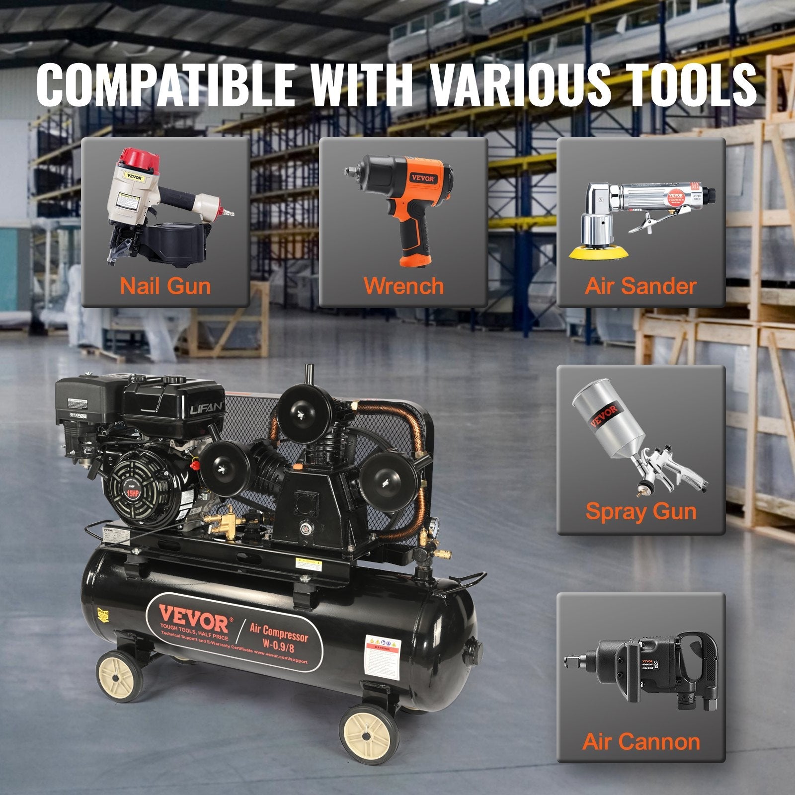 VEVOR 30 Gallon Gas Powered Air Compressor, 15HP 33CFM@115PSI Air Compressor Tank on Wheels, Gas Driven Piston Pump Air Compressed System with 115PSI Maximum Pressure for Workshop Construction Sites