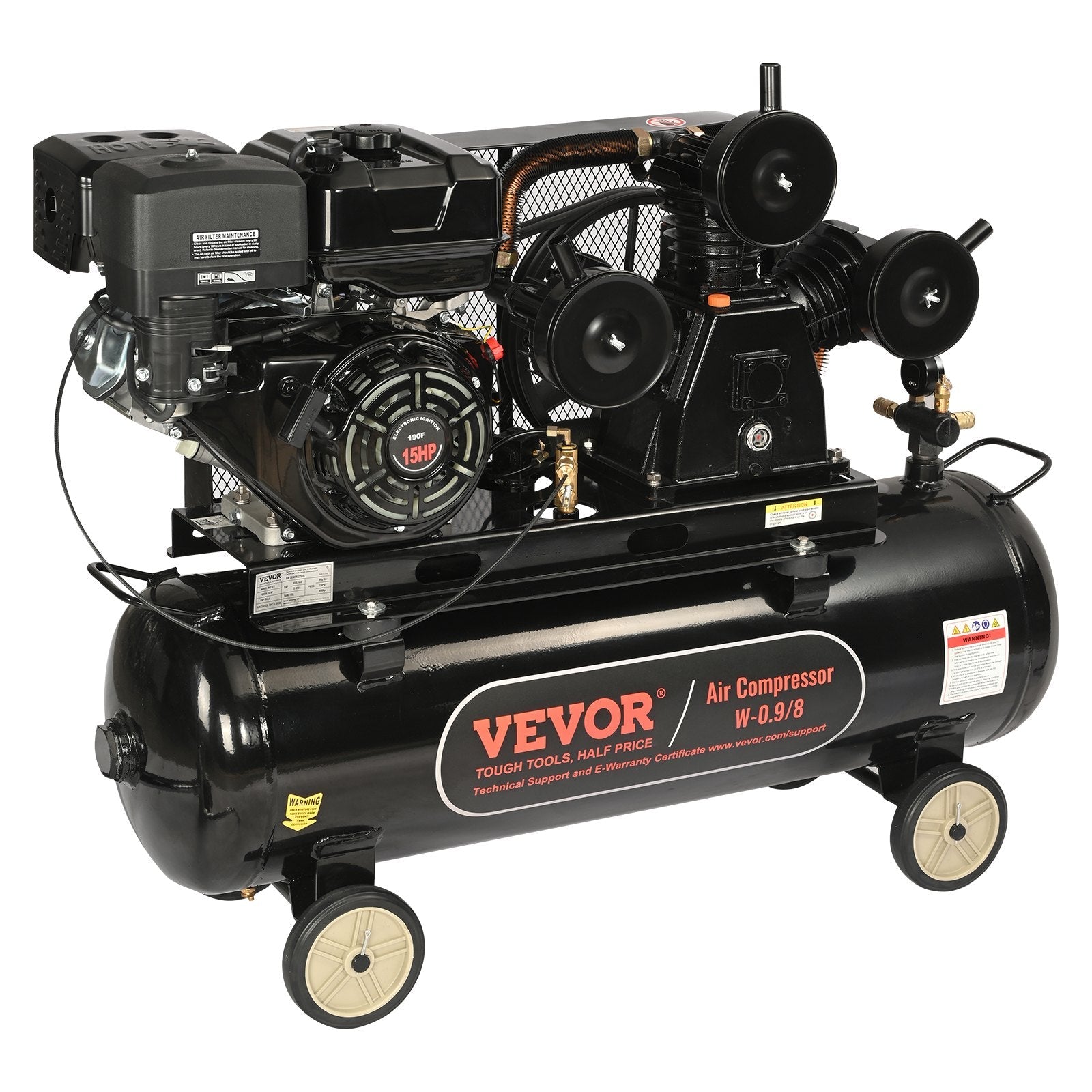 VEVOR 30 Gallon Gas Powered Air Compressor, 15HP 33CFM@115PSI Air Compressor Tank on Wheels, Gas Driven Piston Pump Air Compressed System with 115PSI Maximum Pressure for Workshop Construction Sites