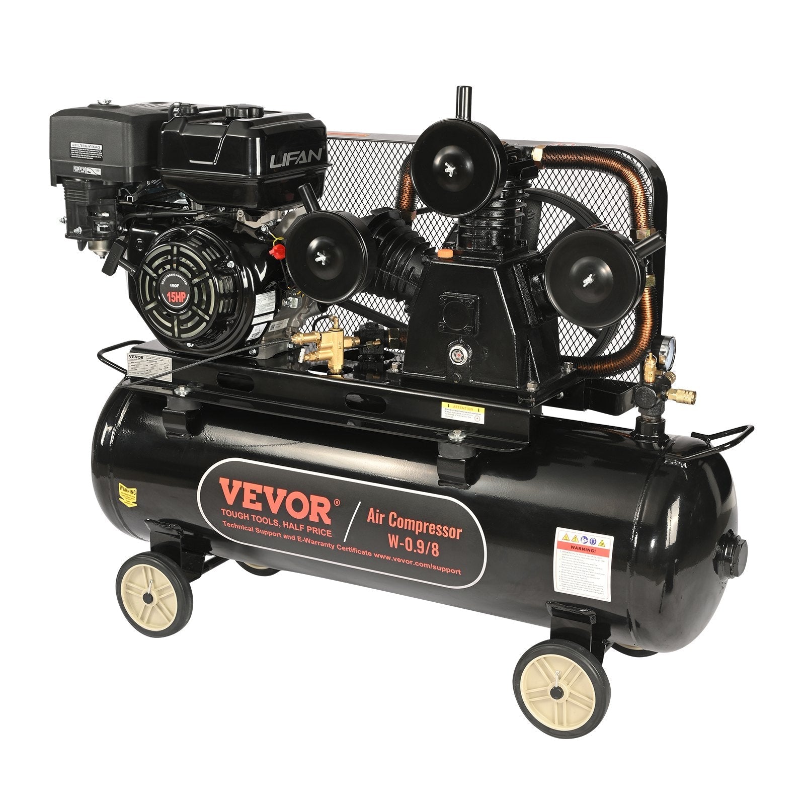VEVOR 30 Gallon Gas Powered Air Compressor, 15HP 33CFM@115PSI Air Compressor Tank on Wheels, Gas Driven Piston Pump Air Compressed System with 115PSI Maximum Pressure for Workshop Construction Sites