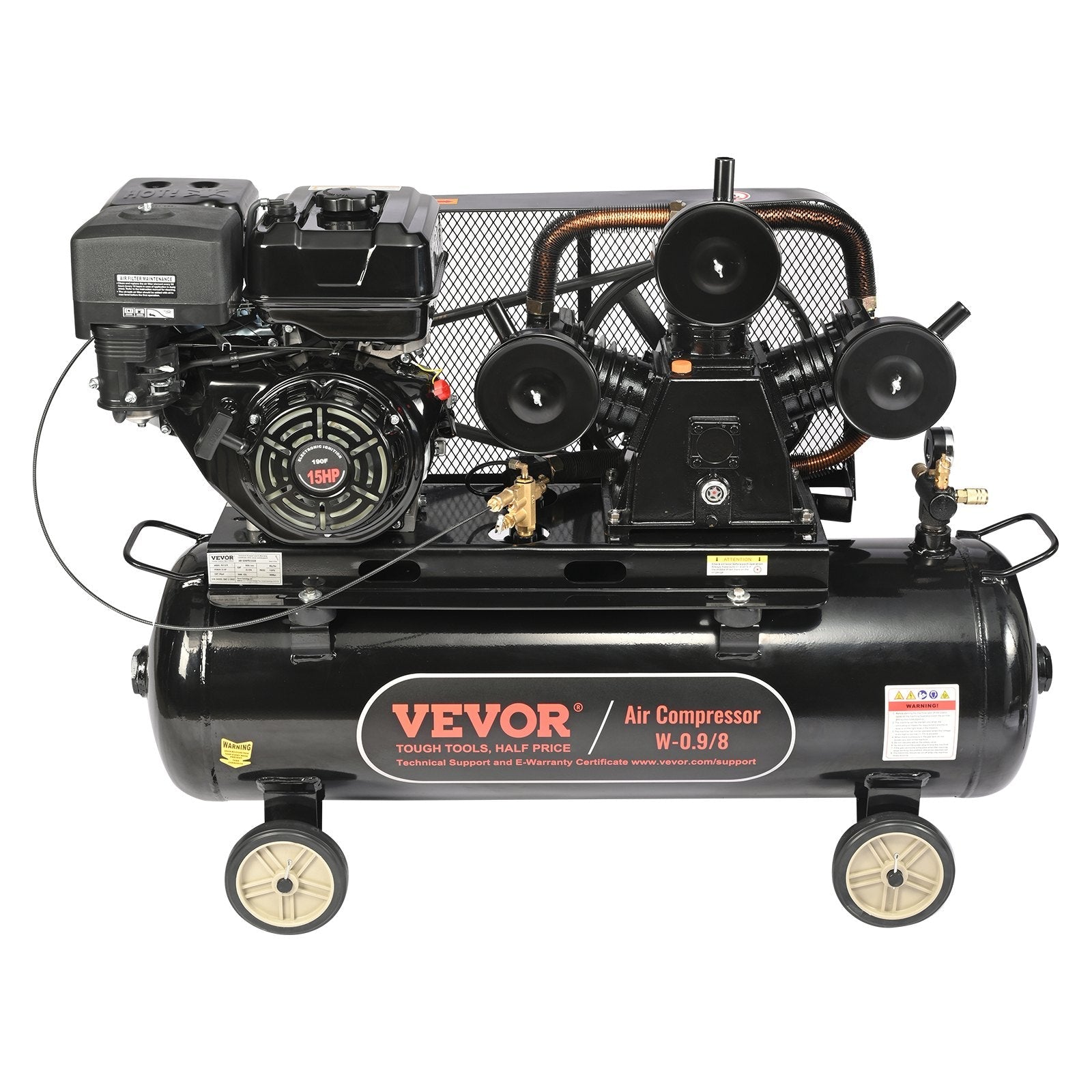 VEVOR 30 Gallon Gas Powered Air Compressor, 15HP 33CFM@115PSI Air Compressor Tank on Wheels, Gas Driven Piston Pump Air Compressed System with 115PSI Maximum Pressure for Workshop Construction Sites