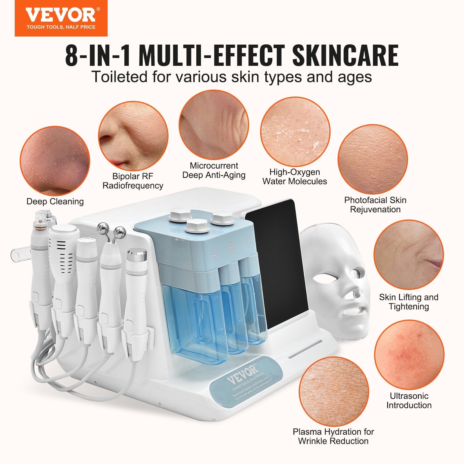 VEVOR 8 in 1 Hydrogen Oxygen Facial Machine, Professional Hydrafacial Machine for Spa, Hydro Facial Cleansing Rejuvenation Machine with 8 in LCD Screen, Microcurrent Probe, Bipolar RF Radiofrequency