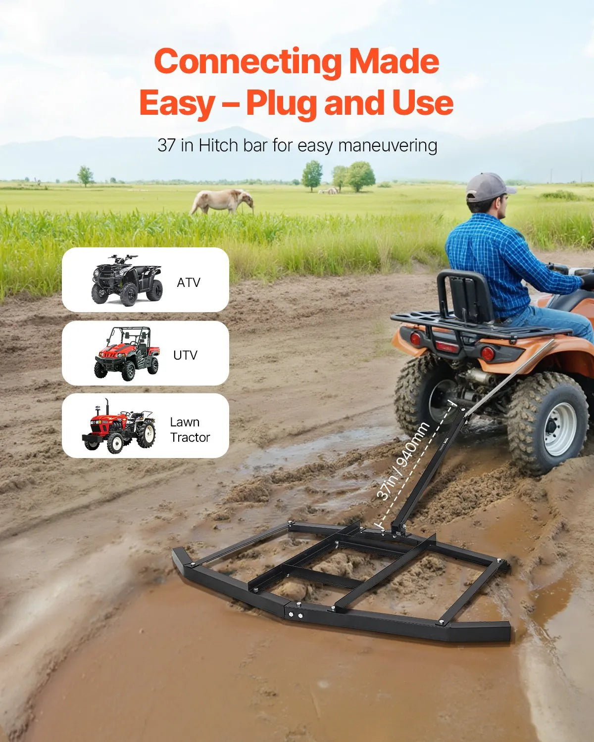 VEVOR Drag Harrow 66" Width Tow Behind Drag Harrow Steel Gravel Grader ATV UTV