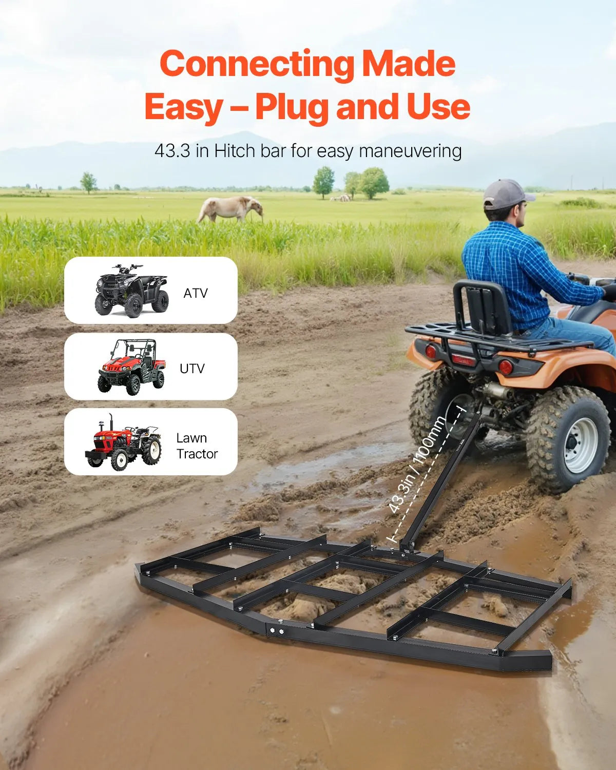 VEVOR Drag Harrow 84" Width Tow Behind Drag Harrow Steel Gravel Grader ATV UTV
