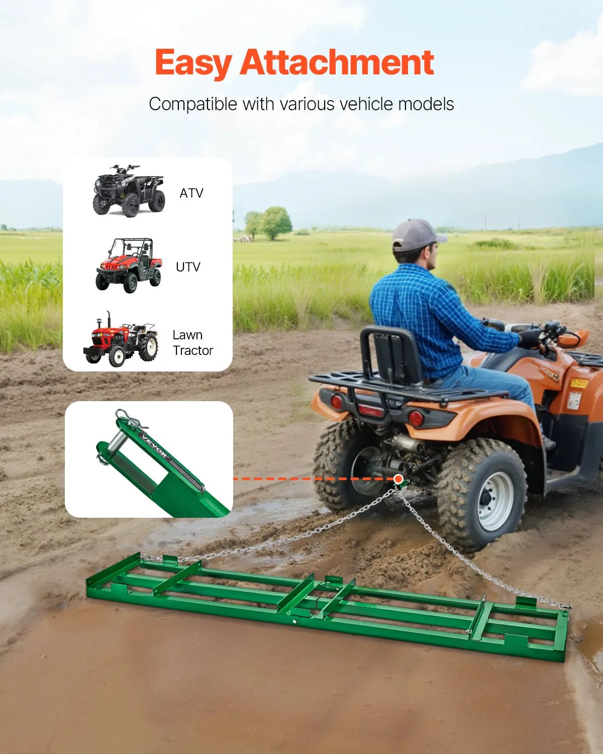 VEVOR Drag Harrow 8 ft Heavy Duty Tow Behind Drag Harrow Driveway Grader Rake