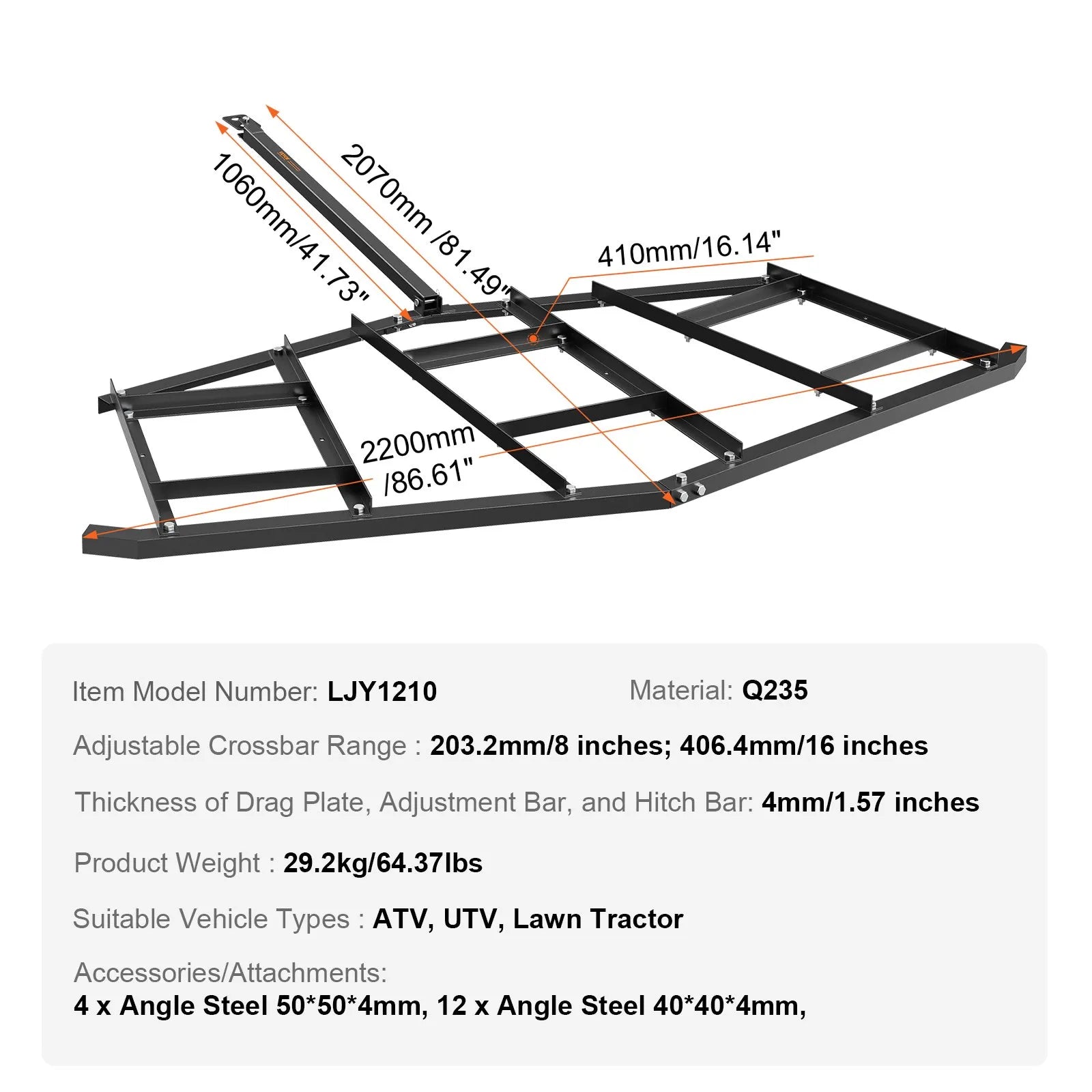 VEVOR Driveway Drag, 81.49" Width Tow Behind Drag Harrow, Q235 Steel Driveway Grader with Adjustable Bars, Support up to 50 lbs, Driveway Tractor Harrow for ATVs, UTVs, Garden Lawn Tractors