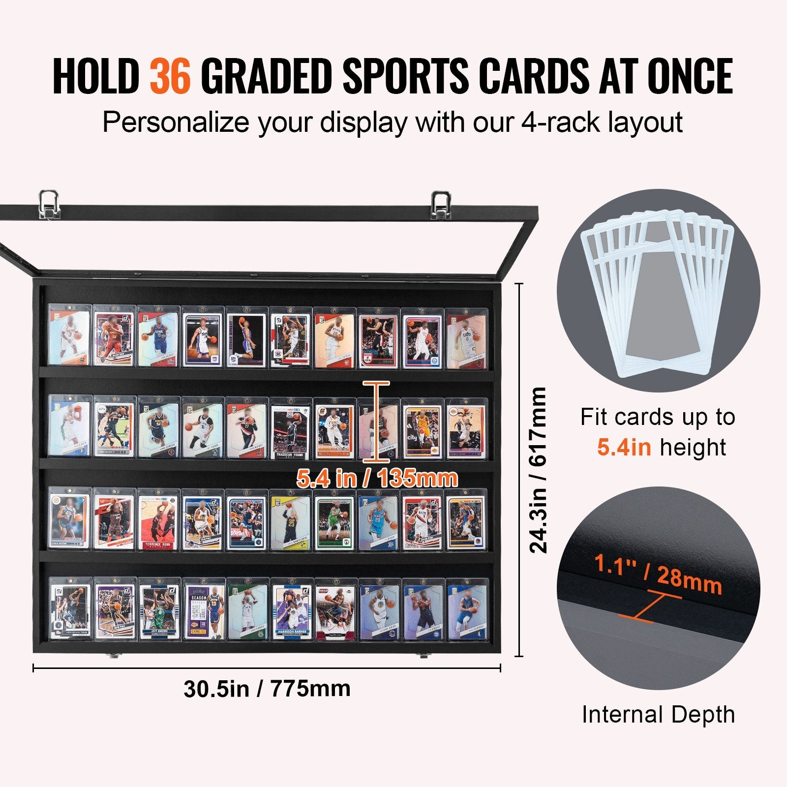 VEVOR 36 Graded Sports Card Display Case, 30.5x24.3x2.1 in, Baseball Card Display Frame with 98% UV Protection Clear View PC Glass, Lockable Wall Cabinet for Football Basketball Hockey Trading Card
