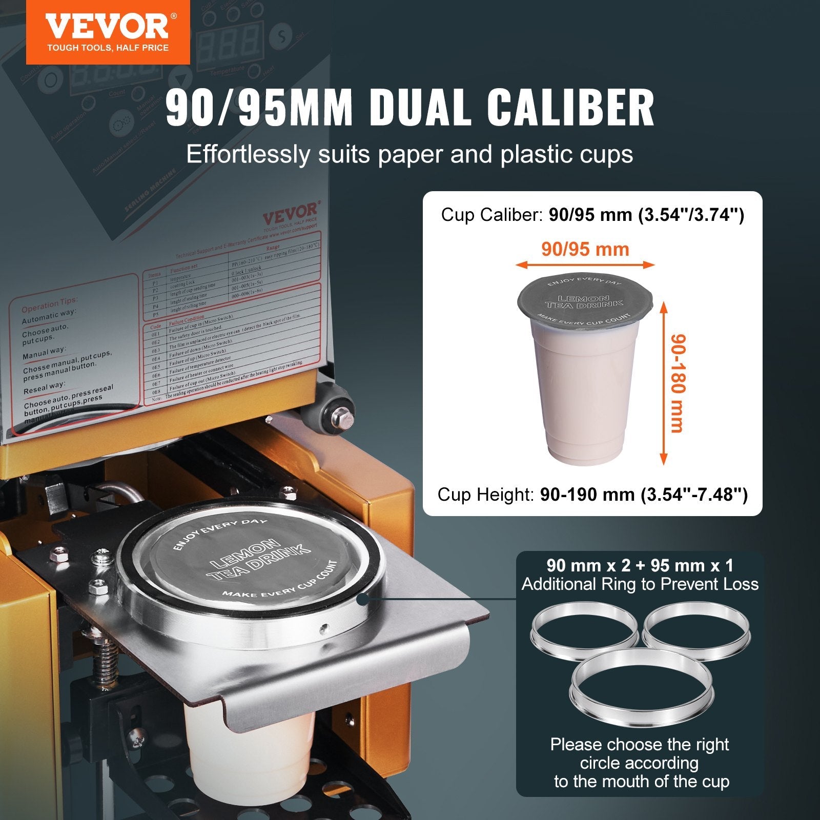 VEVOR Fully Automatic Cup Sealing Machine, 500-650 Cups/H, Cup Sealer Machine for 190 mm Tall & 90/95 mm Cup, Electric Boba Tea Sealer with Digital Control LCD Panel for Bubble Milk Tea Coffee, Gold