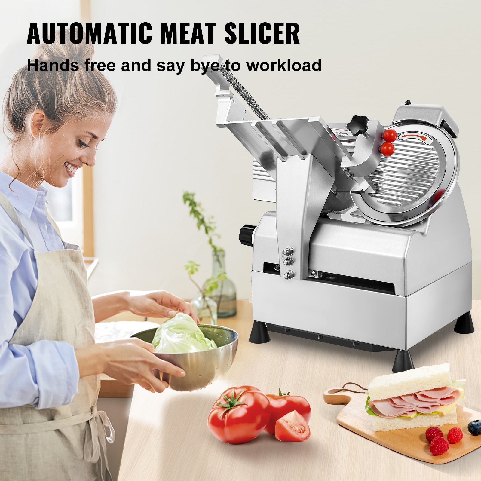 VEVOR Meat Slicer, 540W Electric Deli Slicer with Two 10" Stainless Steel Removable Blade, 0-15mm Adjustable Thickness for Home Use, Child Lock Protection, Food Slicer Machine for Meat Cheese Bread