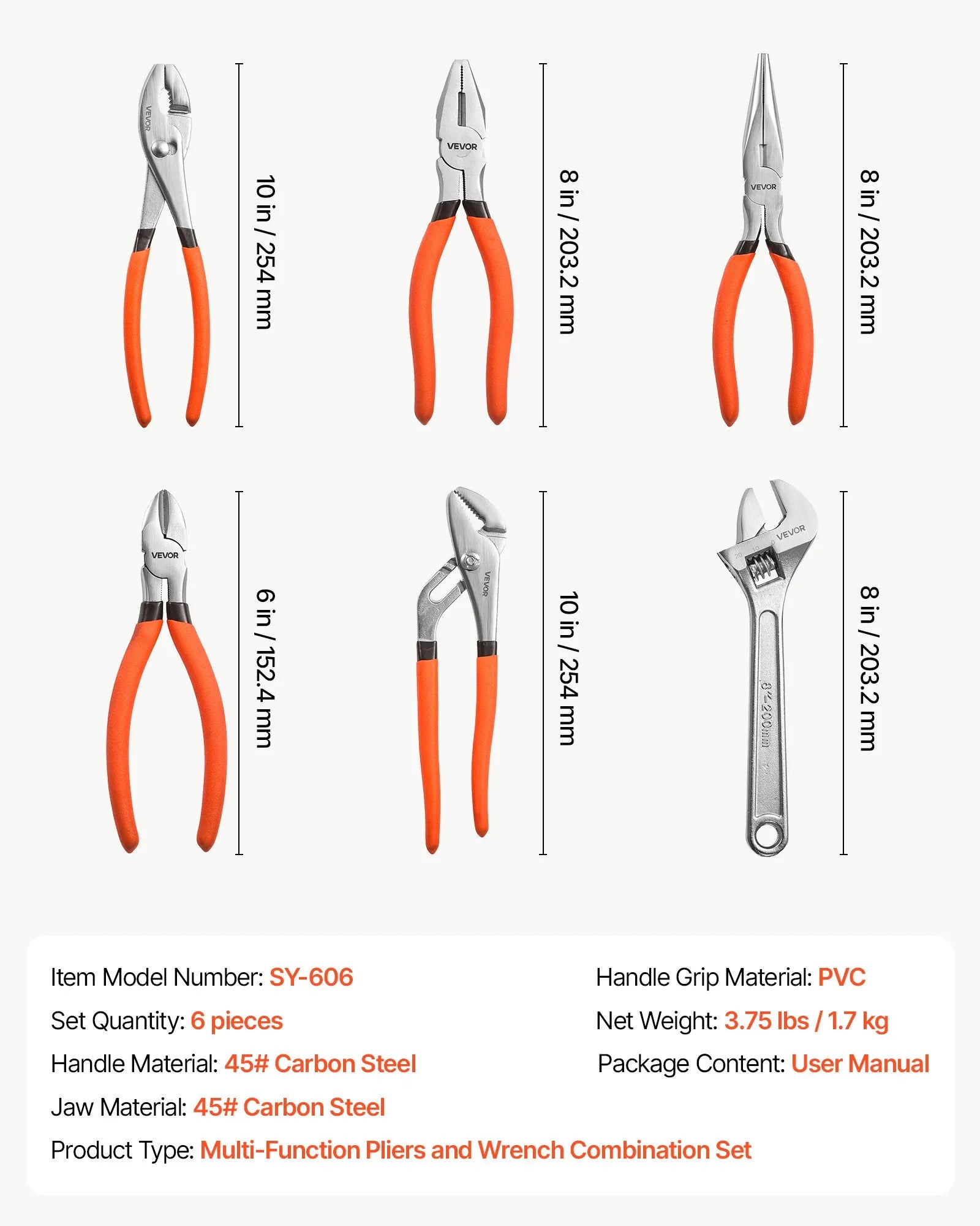 6-Piece Pliers & Wrench Set – Carbon Steel Hand Tools for DIY, Home & Automotive Use