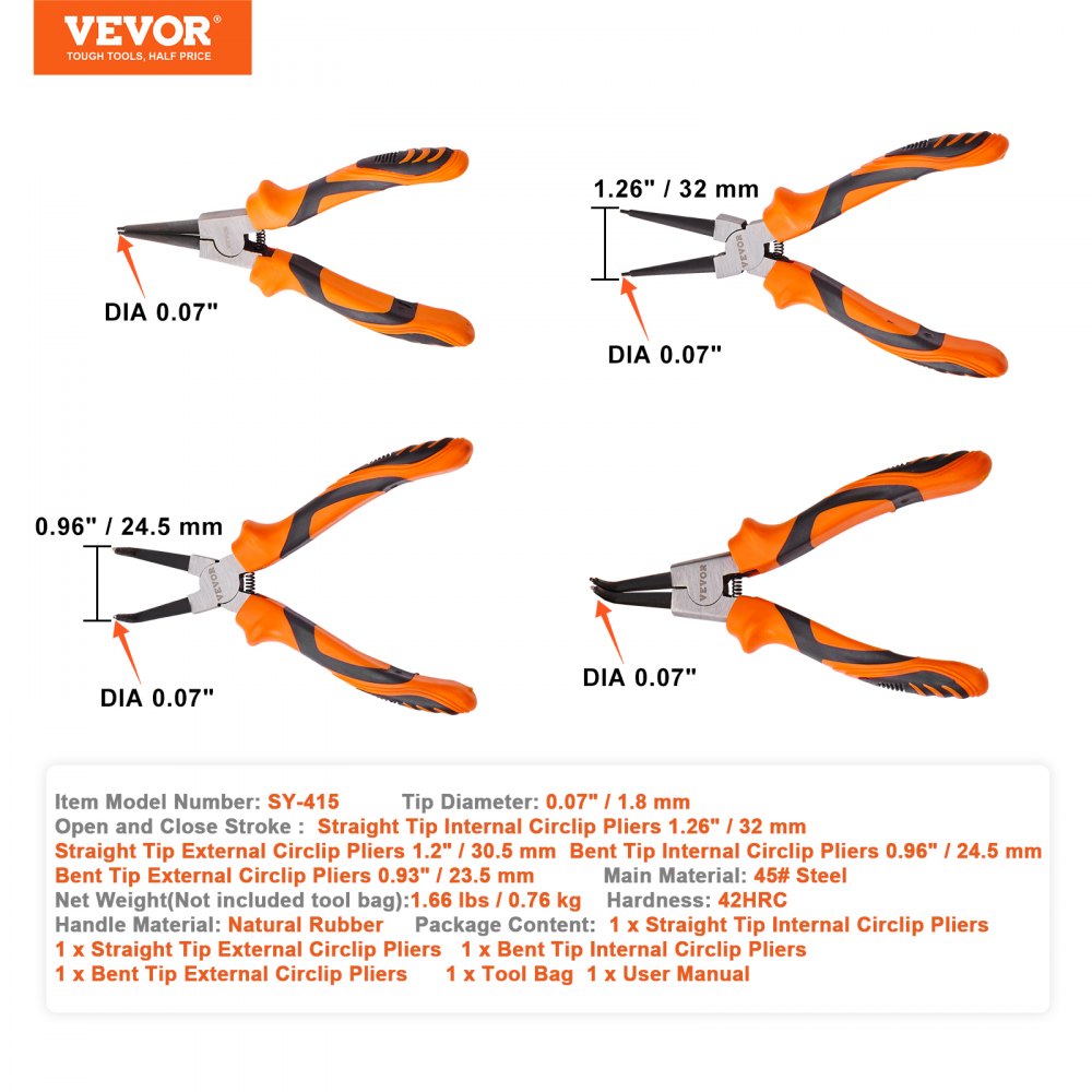 VEVOR Snap Ring Pliers Set, 4-Piece 0.07" Tip Diameter, High Carbon Steel Straight and Bent Jaw, Heavy Duty Internal and External Circlip Pliers Kit, with Portable Tool Bag, For Ring Remover Retaining