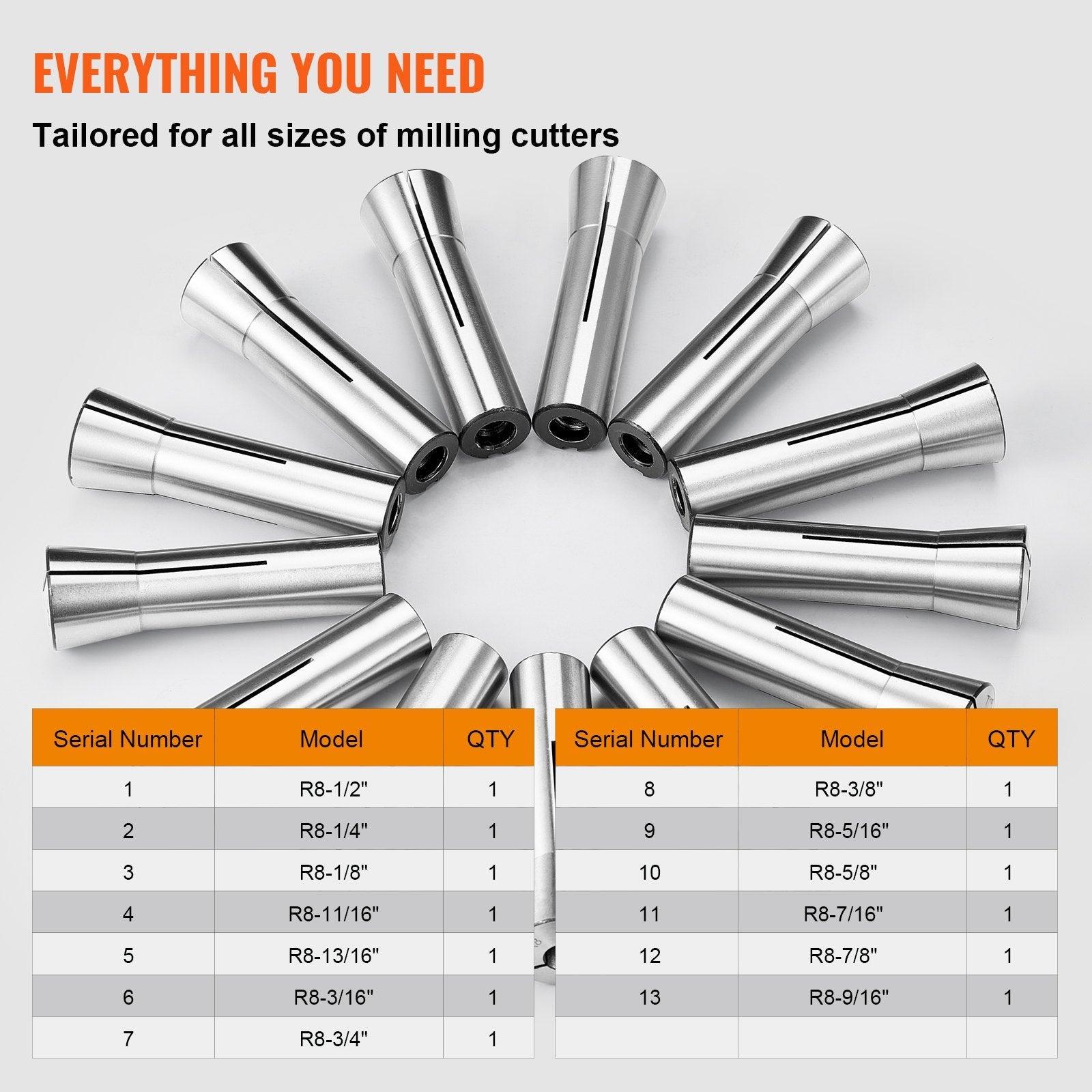 VEVOR 13 pcs Precision R8 Collet Set, 1/8'' - 7/8'', 45# Alloy Steel Mill Collet Chuck 0.0012"/30?m TIR with 13 Labeled Storage Boxes, for Milling Machine Drill Presses Boring Machine Machining Center