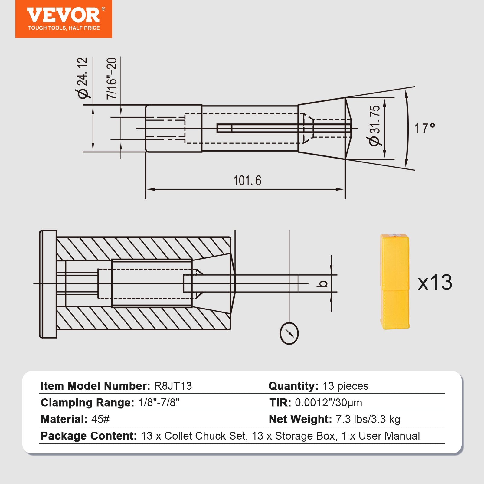 VEVOR 13 pcs Precision R8 Collet Set, 1/8'' - 7/8'', 45# Alloy Steel Mill Collet Chuck 0.0012"/30?m TIR with 13 Labeled Storage Boxes, for Milling Machine Drill Presses Boring Machine Machining Center