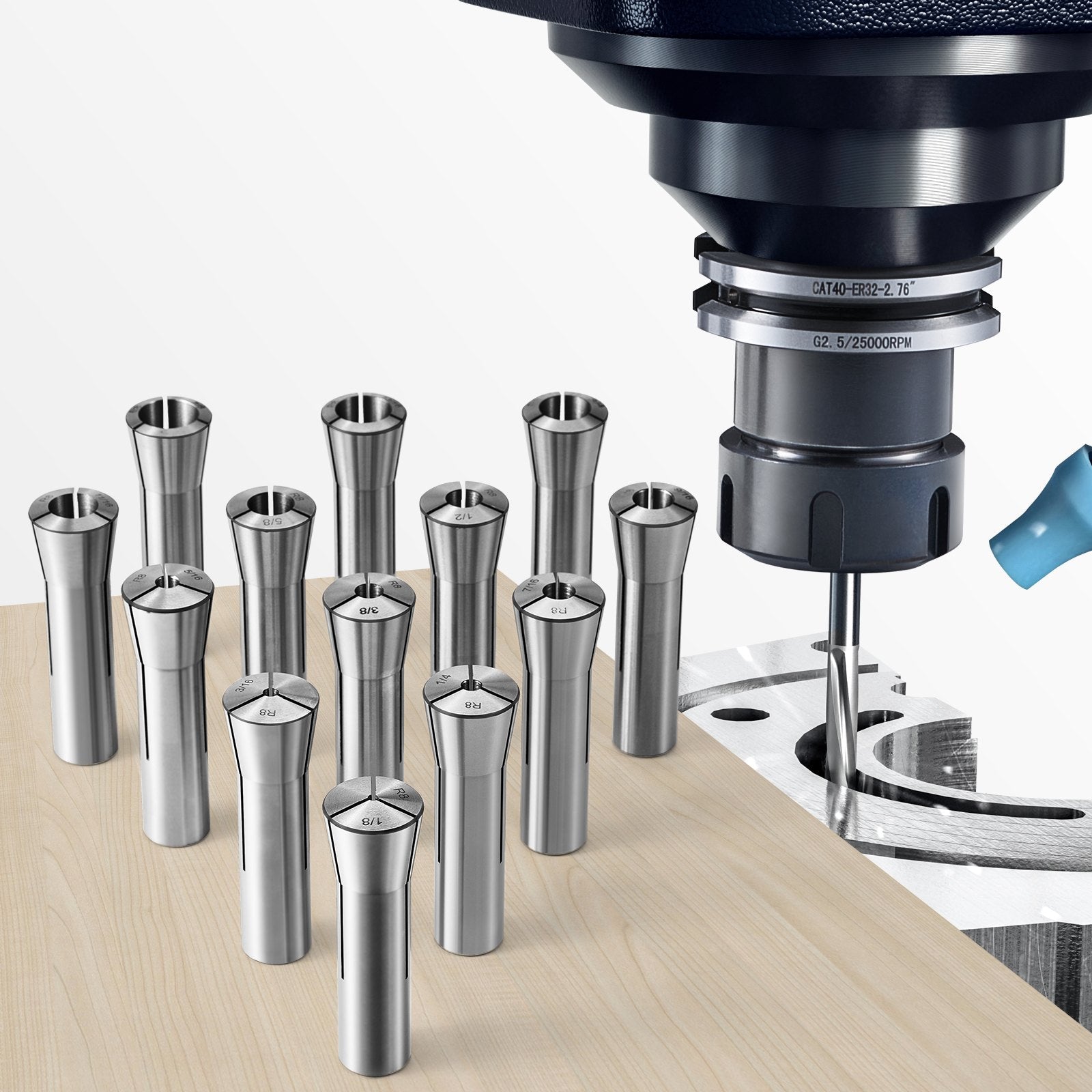 VEVOR 13 pcs Precision R8 Collet Set, 1/8'' - 7/8'', 45# Alloy Steel Mill Collet Chuck 0.0012"/30?m TIR with 13 Labeled Storage Boxes, for Milling Machine Drill Presses Boring Machine Machining Center