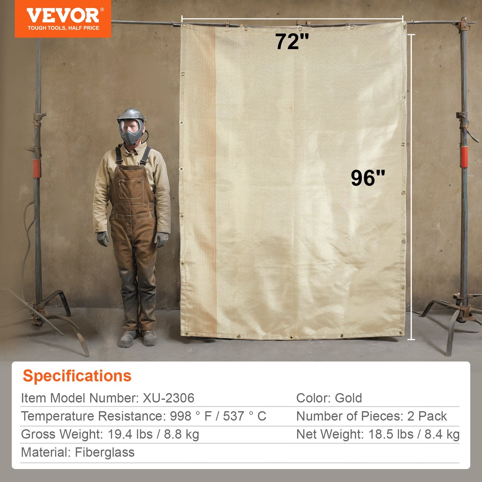 VEVOR Welding Blanket 2 Pack, 6FT x 8FT Heat Treated Welding Blanket, Up To 998°F Heat Resistant Blanket Set, Heavy-Duty Fiberglass Flame Retardant Insulation Welding Mat Cover with Metal Grommets