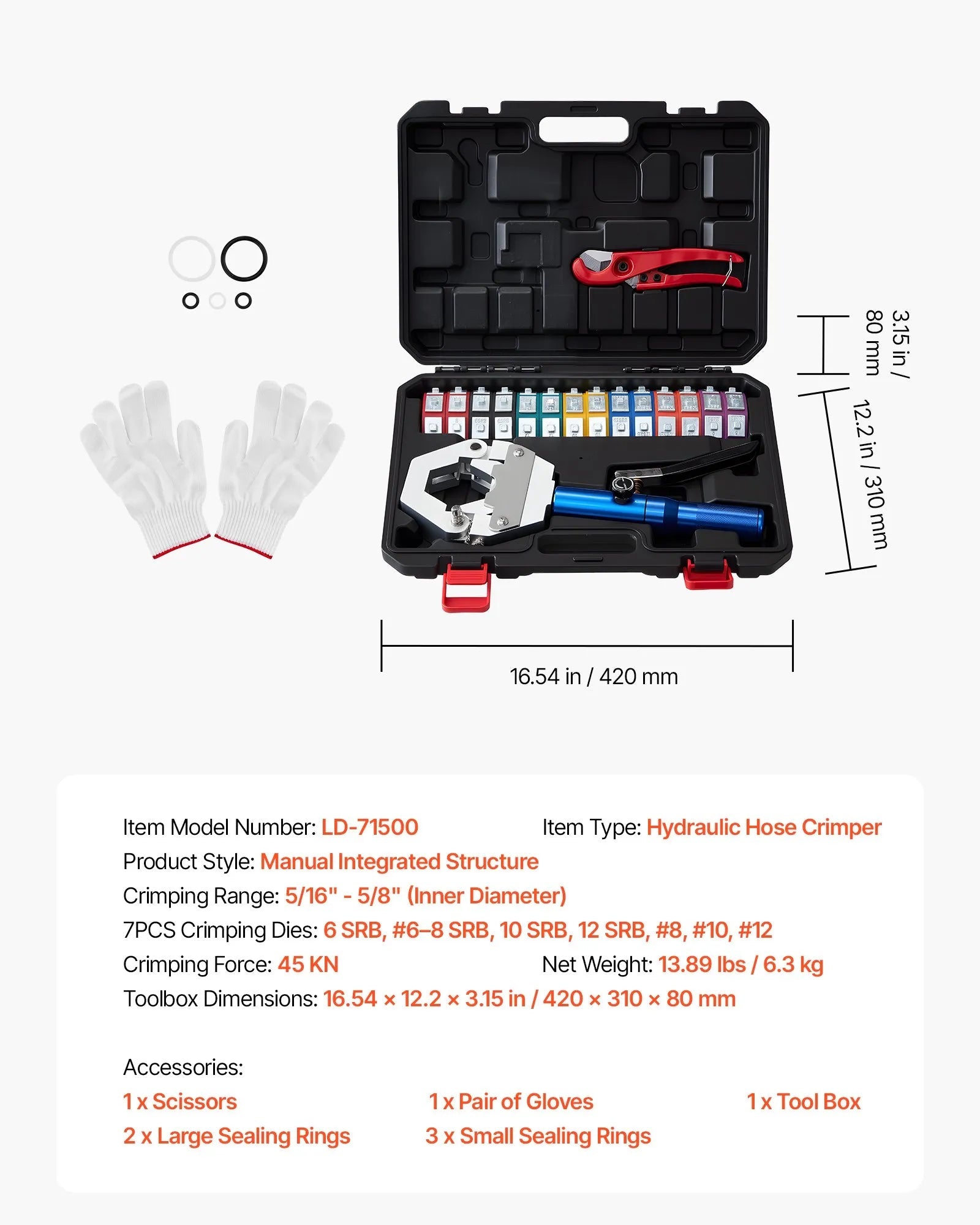 VEVOR Hydraulic Hose Crimper, Hydra-Krimp AC Hose Crimper Kit with 7 Dies Snap-On, Integral Manual Hydraulic A/C Hoses Crimping Tool for Automotive & Air Conditioning Repair - with Carrying Case