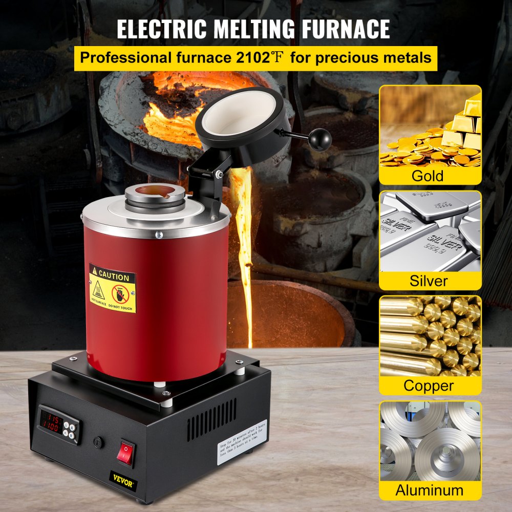 VEVOR Electric Melting Furnace, 3KG Digital Electric Melting Furnace, 1750W 1150?/2102 ? Gold Smelter Furnace W/ Graphite Crucible Casting Refining Jewelry Precious Metals Gold Silver Copper Aluminu
