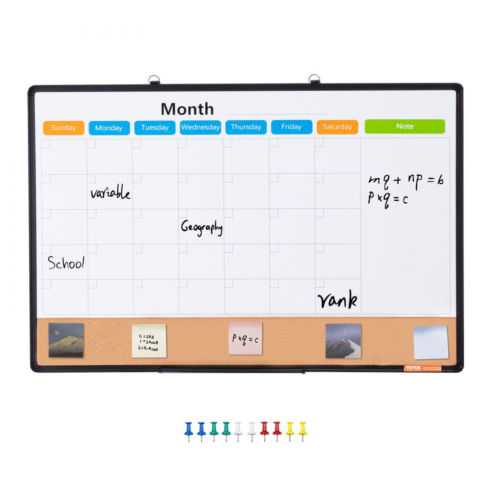 VEVOR 36"x24" Monthly Calendar Whiteboard & Cork Board Combo with Aluminum Frame