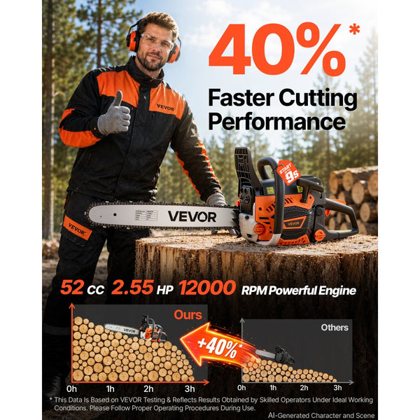 18" 52CC Gas-Powered Chainsaw, 2.55 HP 2-Stroke Engine