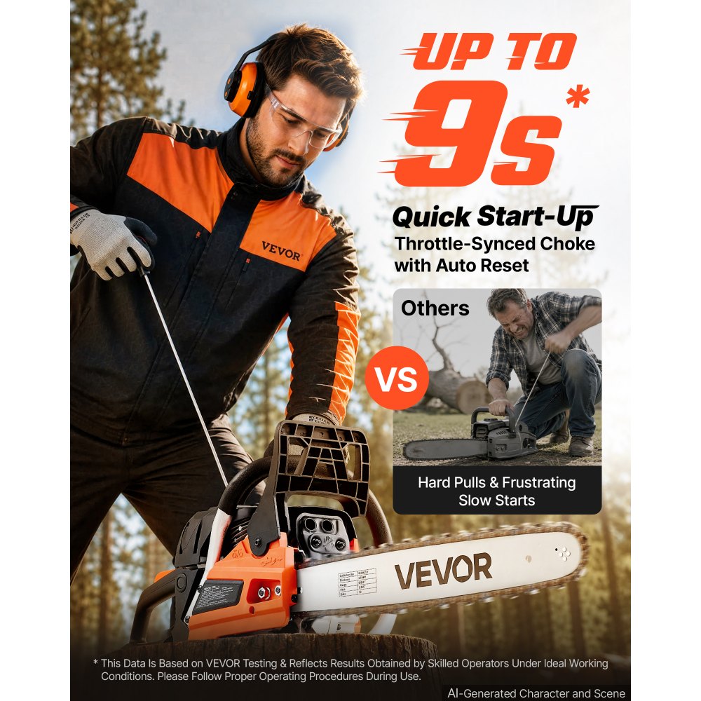 18" 52CC Gas-Powered Chainsaw, 2.55 HP 2-Stroke Engine