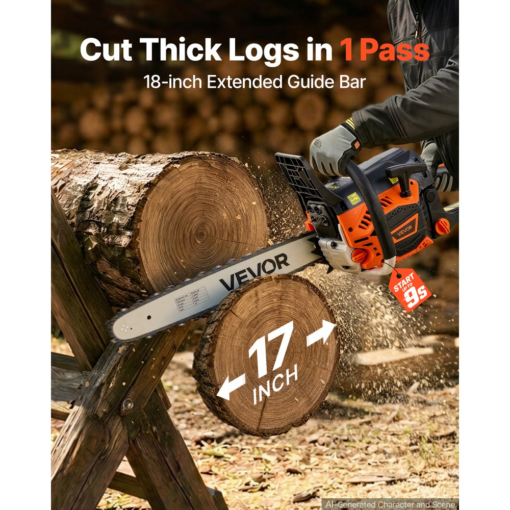 18" 52CC Gas-Powered Chainsaw, 2.55 HP 2-Stroke Engine