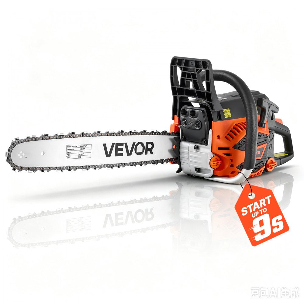 18" 52CC Gas-Powered Chainsaw, 2.55 HP 2-Stroke Engine