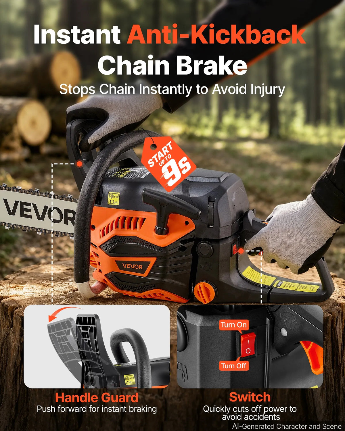 18" 52CC Gas-Powered Chainsaw, 2.55 HP 2-Stroke Engine