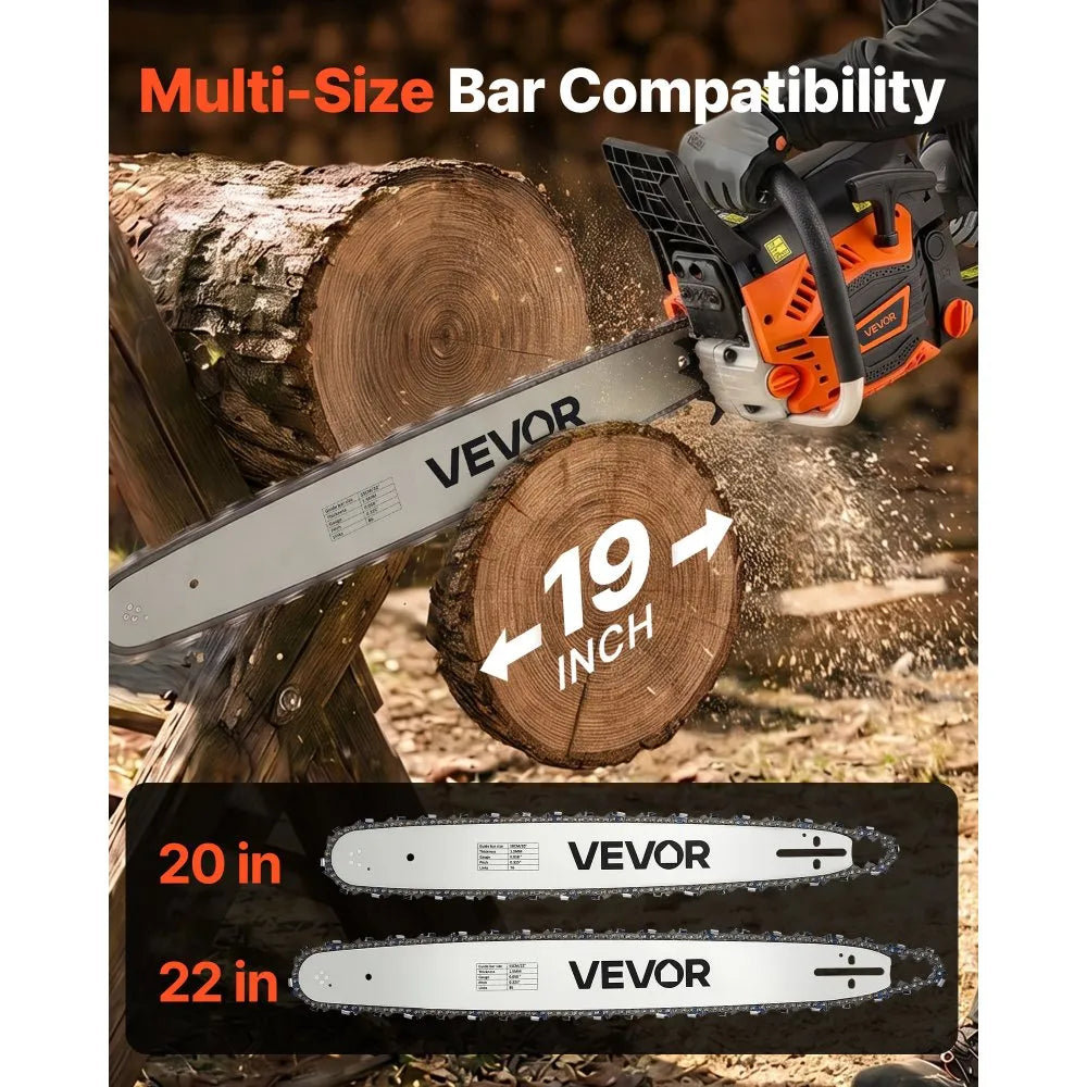 62cc Gas Powered Chainsaw with 20" & 22" Guide Bars, 3.8 HP 2-Stroke Engine