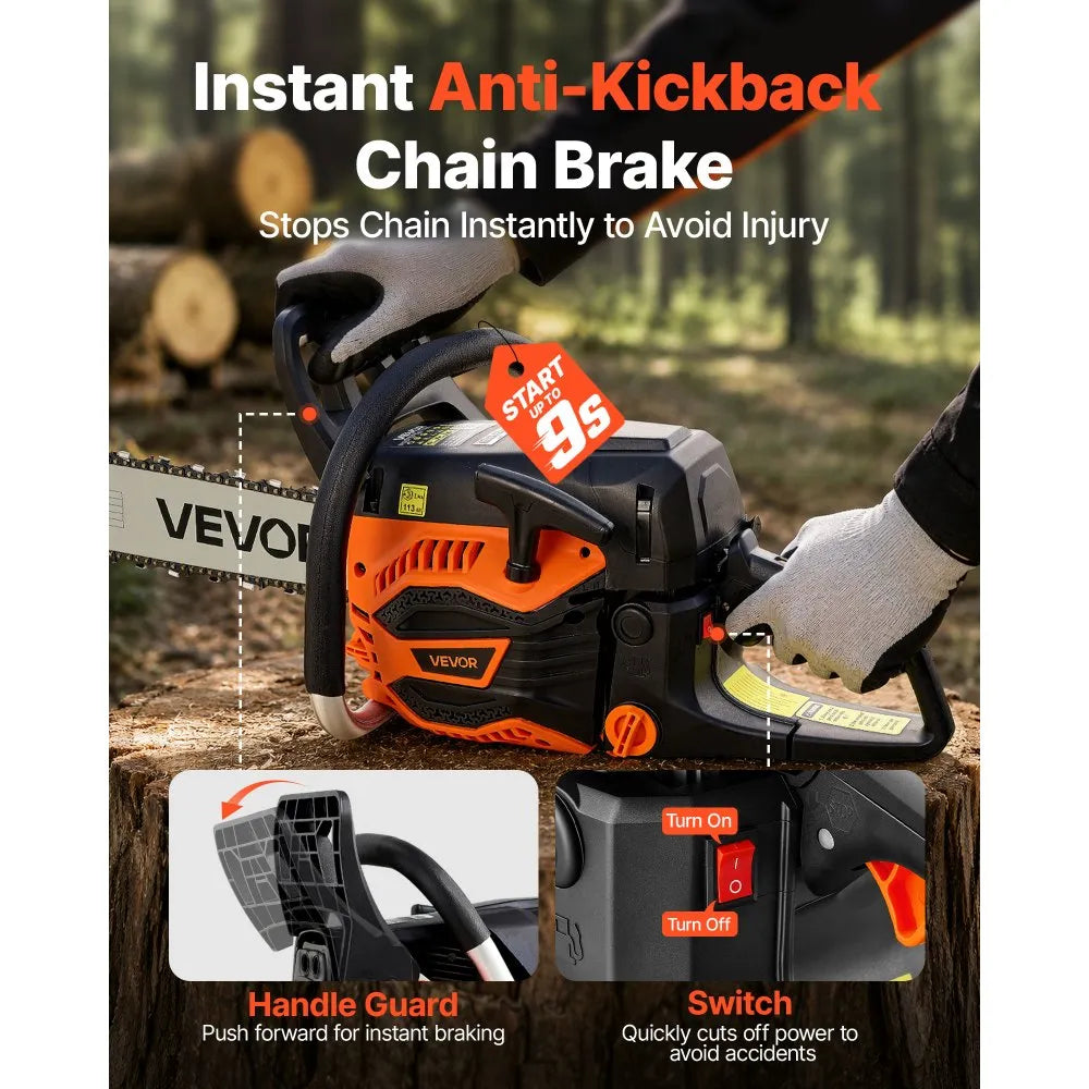 62cc Gas Powered Chainsaw with 20" & 22" Guide Bars, 3.8 HP 2-Stroke Engine