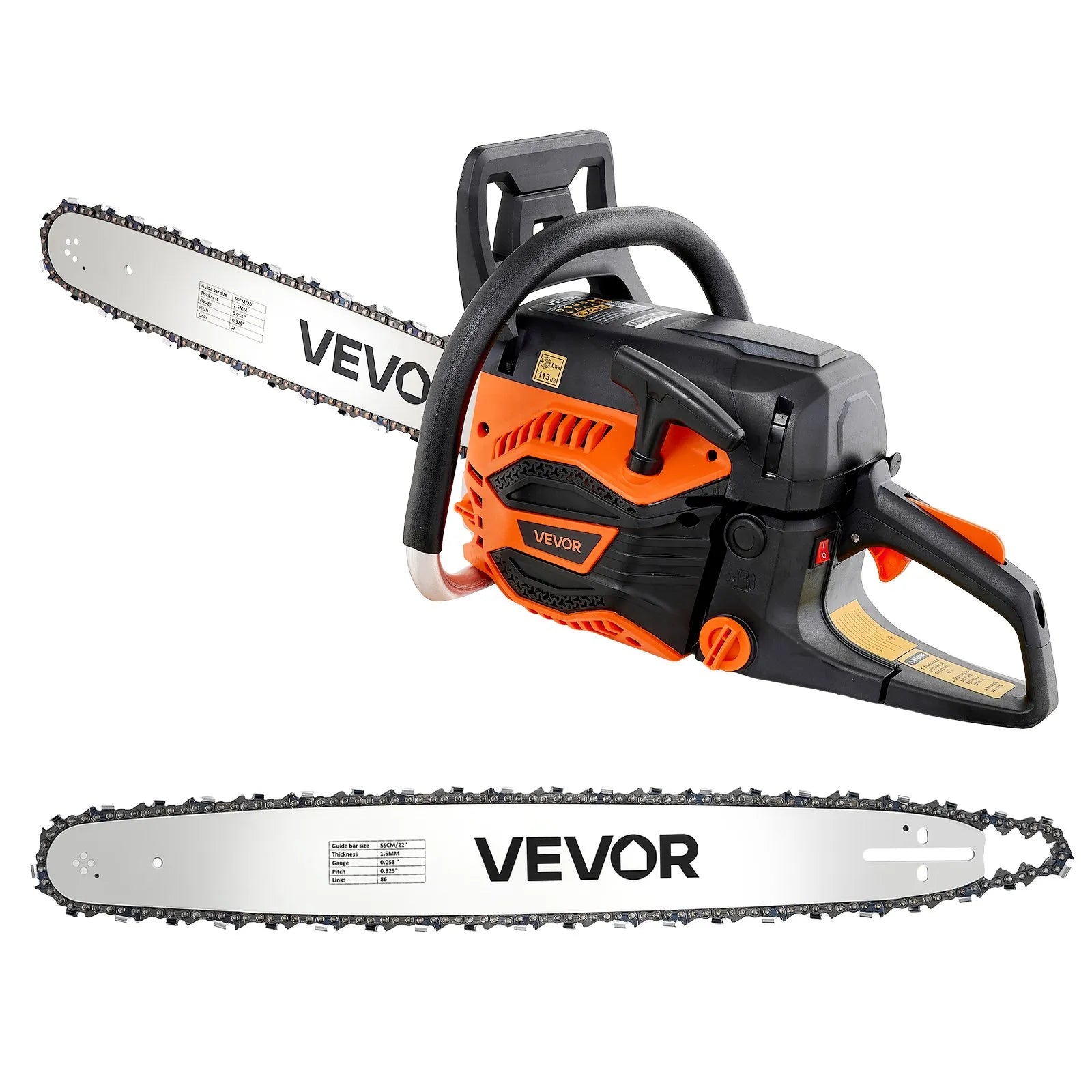 62cc Gas Powered Chainsaw with 20" & 22" Guide Bars, 3.8 HP 2-Stroke Engine
