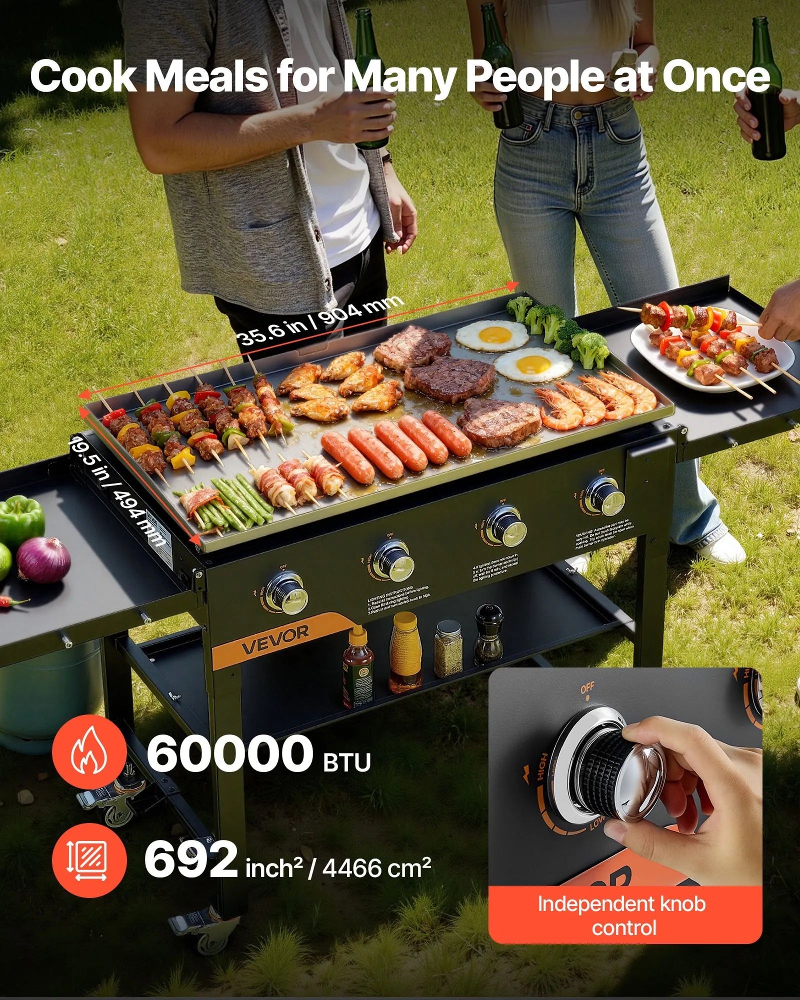 VEVOR Gas Griddle, 4-Burner Flat Top Grill, 36 inch Grill Plate Foldable Propane Griddle with Wheels, 60000 BTU Outdoor Flat Top Grills for Pan-Frying, Grilling, Stir-Frying, & BBQ, Pulse Ignition