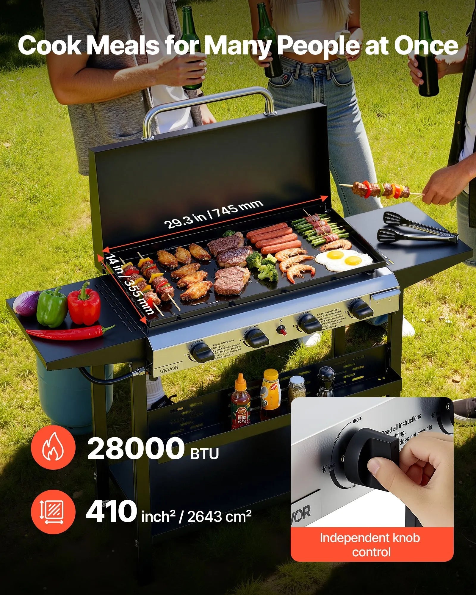 VEVOR Gas Griddle, 4-Burner Flat Top Grill, 29 inch Grill Plate Propane Griddle with Wheels, Lid, 28000 BTU Outdoor Flat Top Grills for Pan-Frying, Grilling, Stir-Frying, & BBQ, Pulse Ignition