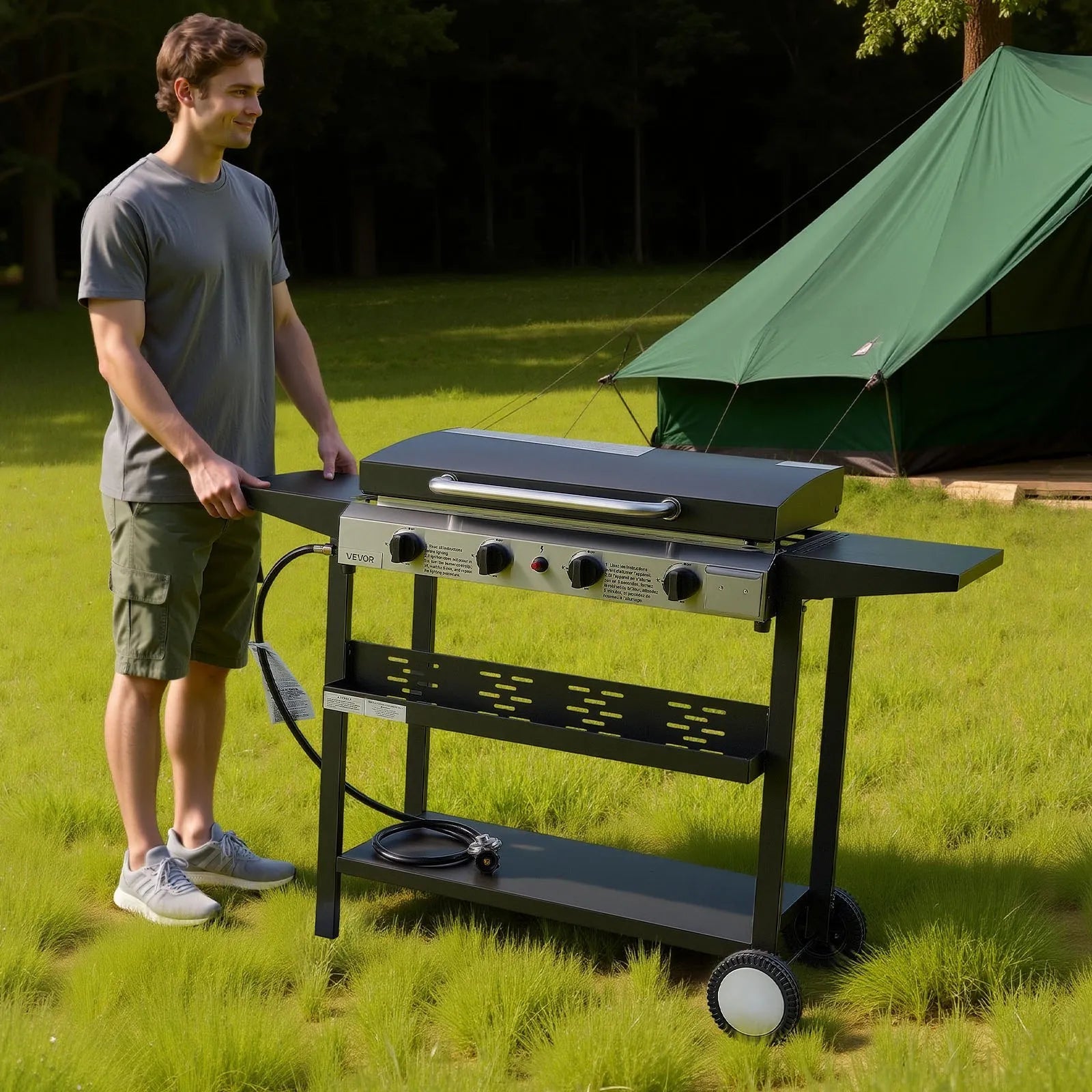 VEVOR Gas Griddle, 4-Burner Flat Top Grill, 29 inch Grill Plate Propane Griddle with Wheels, Lid, 28000 BTU Outdoor Flat Top Grills for Pan-Frying, Grilling, Stir-Frying, & BBQ, Pulse Ignition