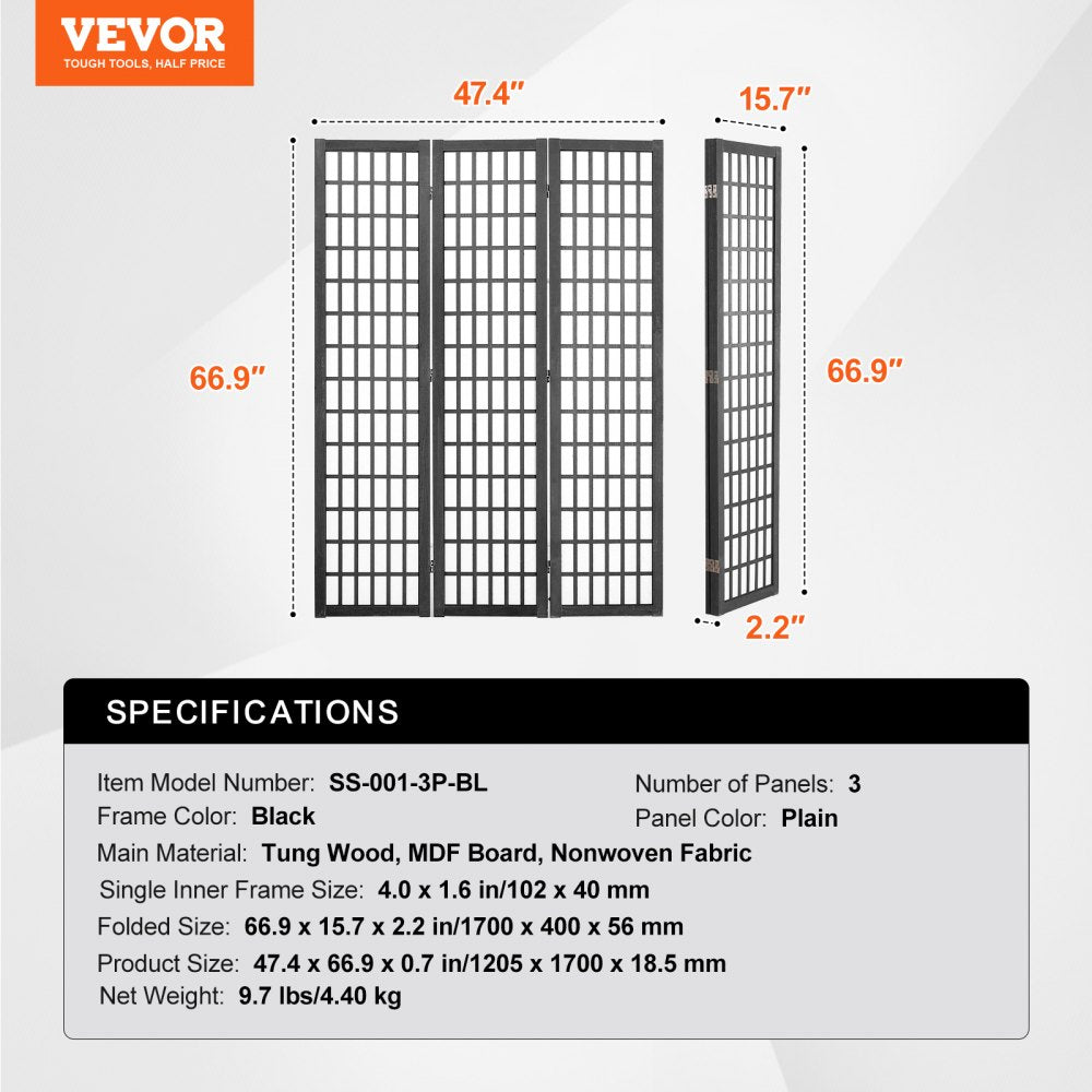 VEVOR Room Divider Japanese Wall Divider 3 Panel Screen for Room Separation