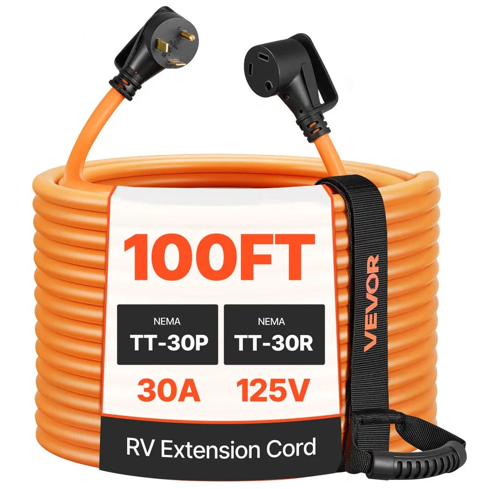 VEVOR 30 Amp 100 ft RV Extension Cord with 15A Adapter, NEMA TT-30P to TT-30R, Heavy-Duty 10/3 Gauge Power Cord