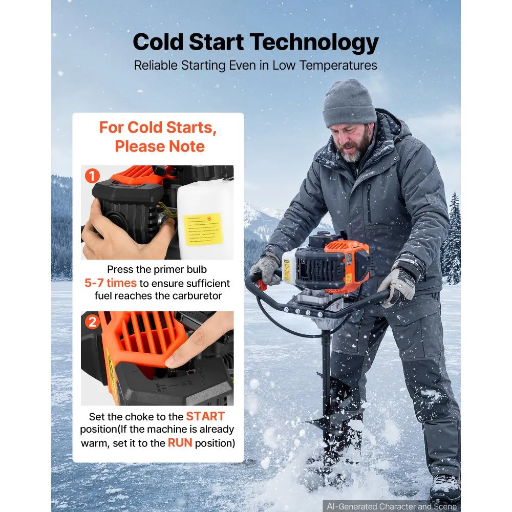 43cc 2-in-1 Gas Powered Ice & Earth Auger, 8" Drill Bit, 2-Stroke Engine, Heavy-Duty Ice Fishing & Post Hole Digger