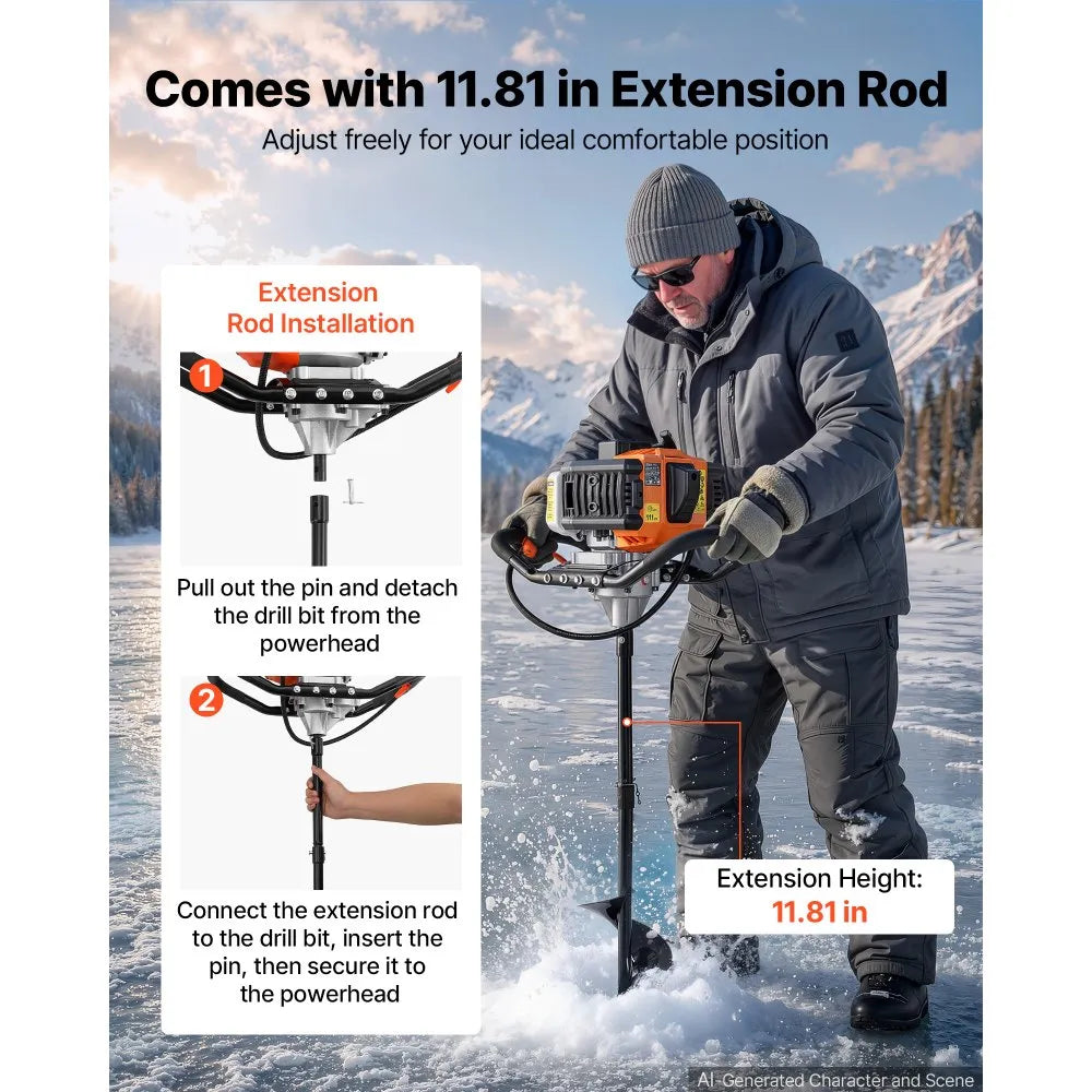 43cc 2-in-1 Gas Powered Ice & Earth Auger, 8" Drill Bit, 2-Stroke Engine, Heavy-Duty Ice Fishing & Post Hole Digger