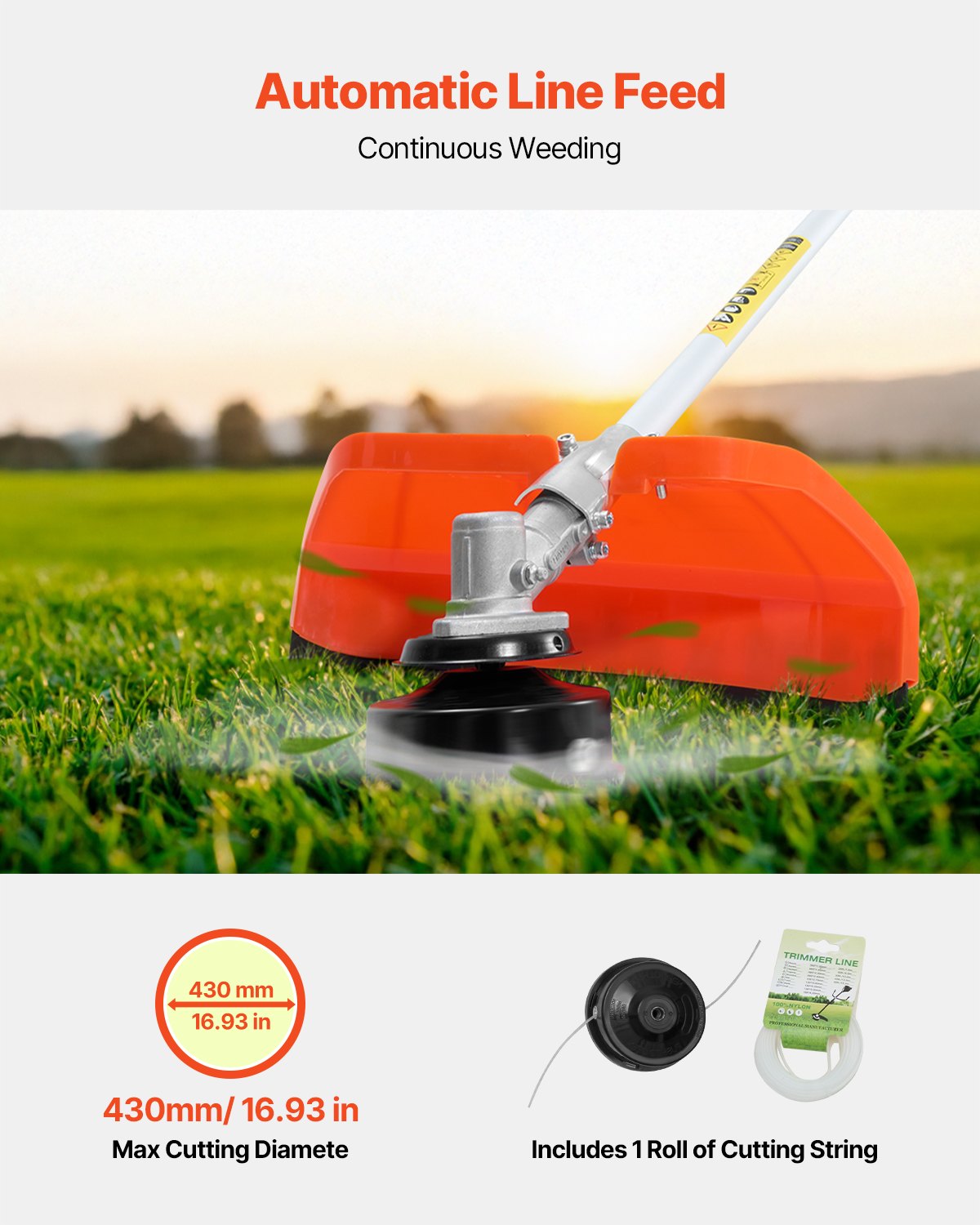 VEVOR Cordless String Trimmer 16.9" 25.2CC 2-Stroke Gas Powered Grass Trimmer