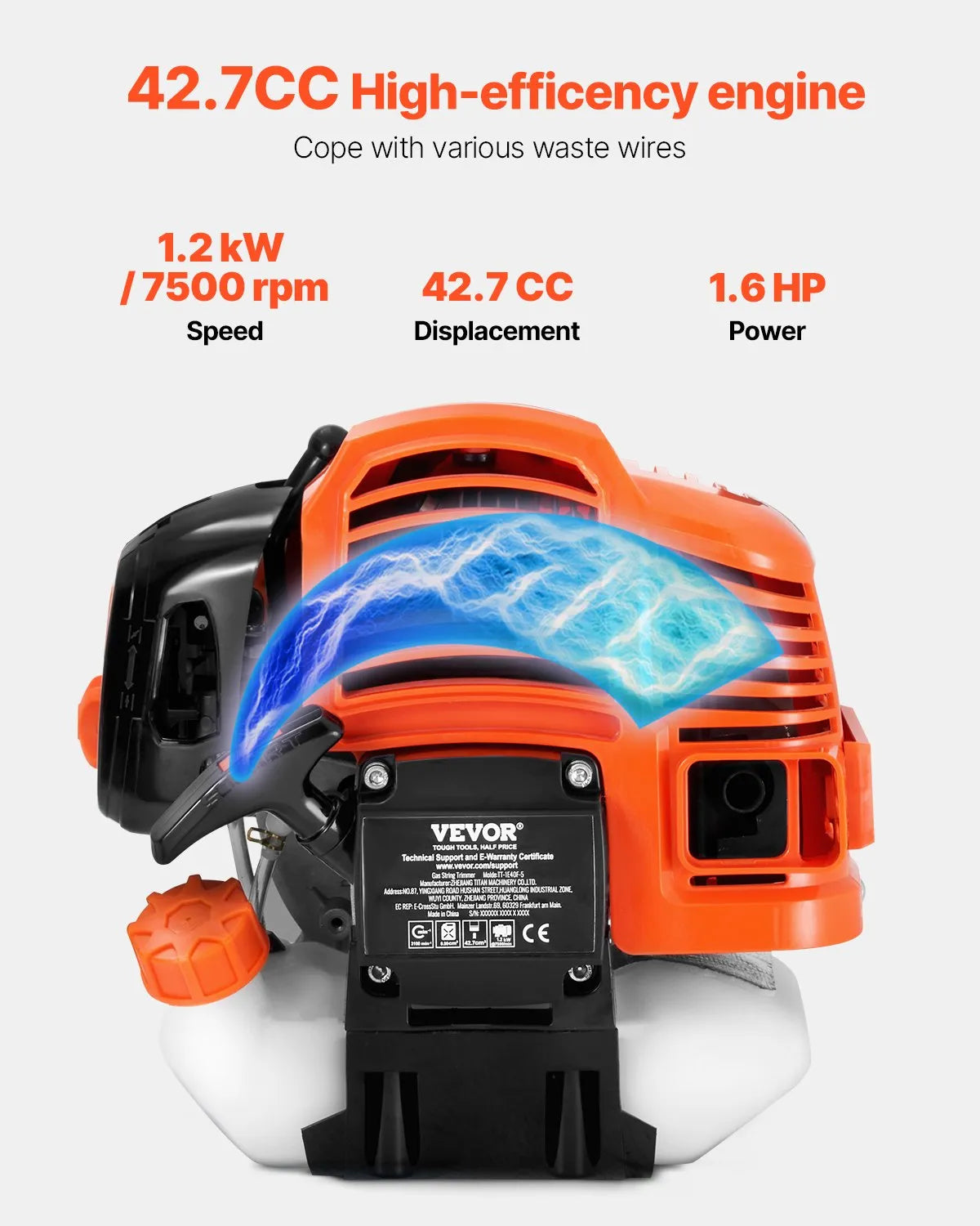 VEVOR Cordless String Trimmer 16.9" 42.7CC 2-Stroke Gas Powered Grass Trimmer