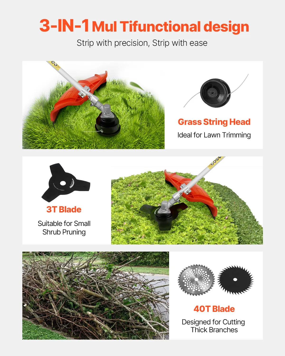 VEVOR Cordless String Trimmer 16.9" 42.7CC 2-Stroke Gas Powered Grass Trimmer