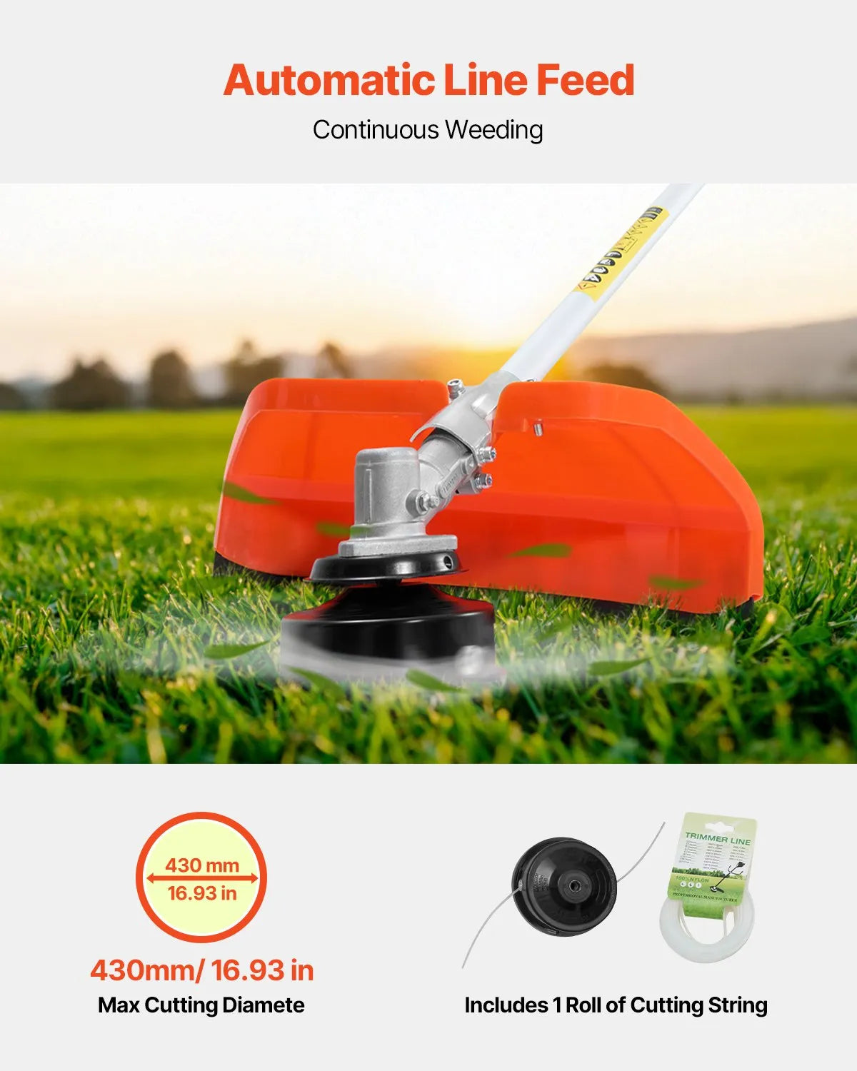 VEVOR Cordless String Trimmer 16.9" 42.7CC 2-Stroke Gas Powered Grass Trimmer