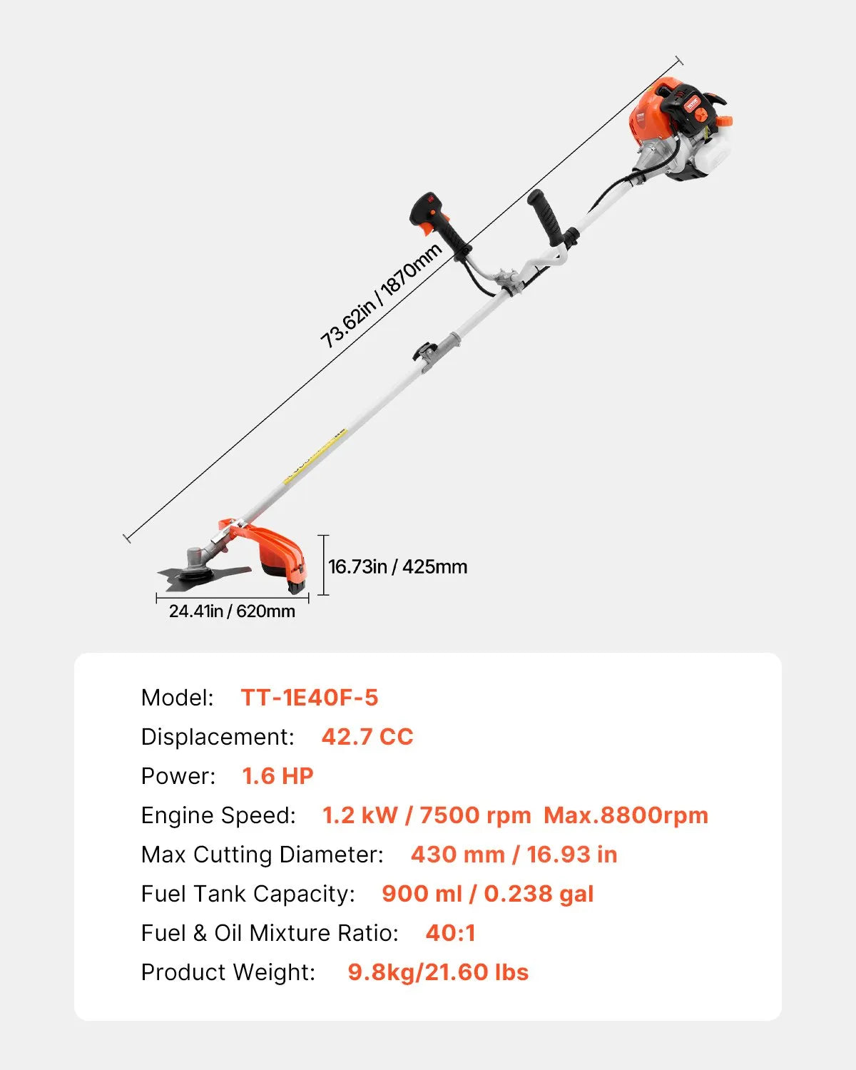 VEVOR Cordless String Trimmer 16.9" 42.7CC 2-Stroke Gas Powered Grass Trimmer